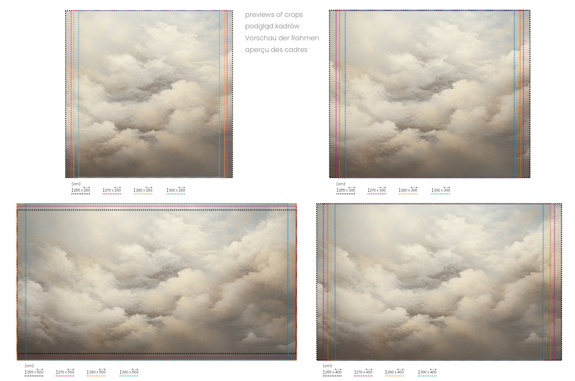 Na obrazie znajduje się prezentacja przykładowych rozmiarów fototapety o nazwie WHISPERING CLOUDS CANVAS. Rozmiar fototapety jest dowolny.