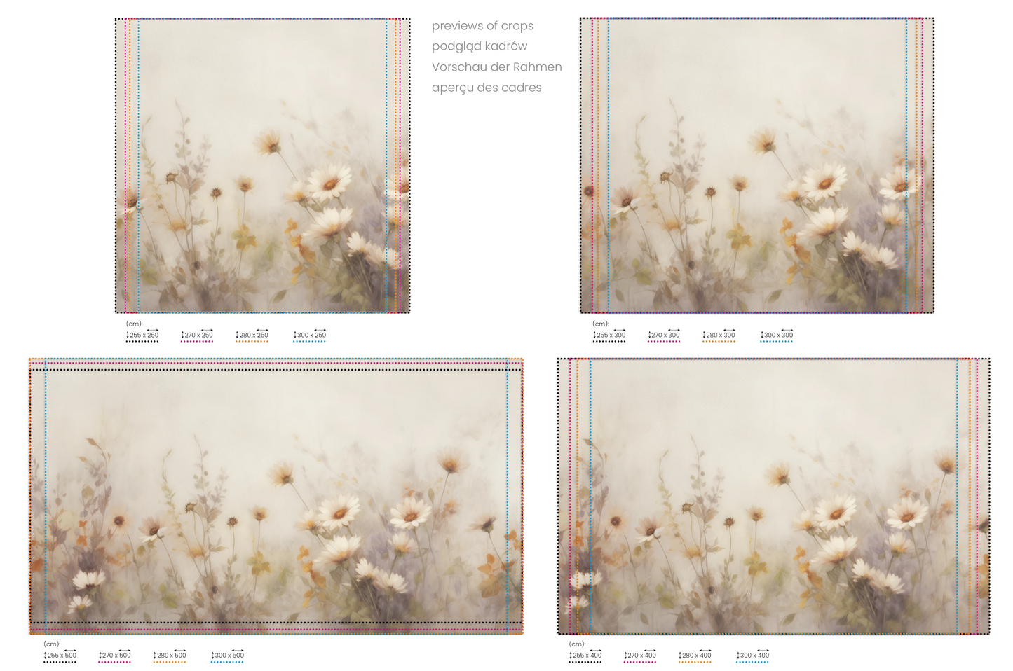 Na obrazie znajduje się prezentacja przykładowych rozmiarów fototapety o nazwie Hazy Wildflowers. Rozmiar fototapety jest dowolny.