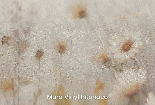 Zbliżenie na artystyczną fototapetę o nazwie Hazy Wildflowers na podłożu Mura Vinyl Intonaco - struktura tartego tynku.
