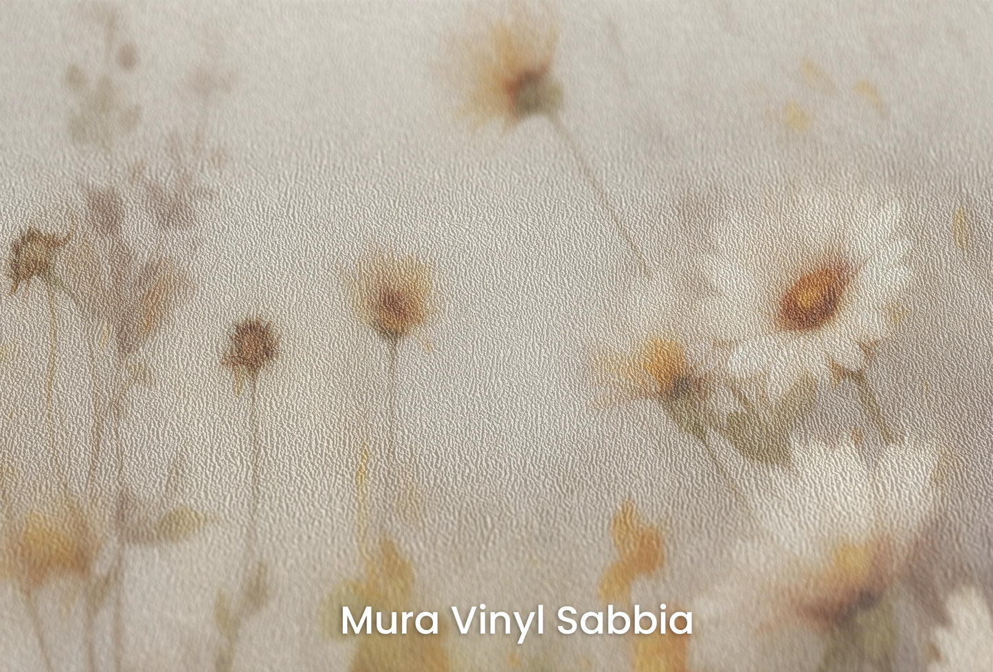 Zbliżenie na artystyczną fototapetę o nazwie Hazy Wildflowers na podłożu Mura Vinyl Sabbia struktura grubego ziarna piasku.