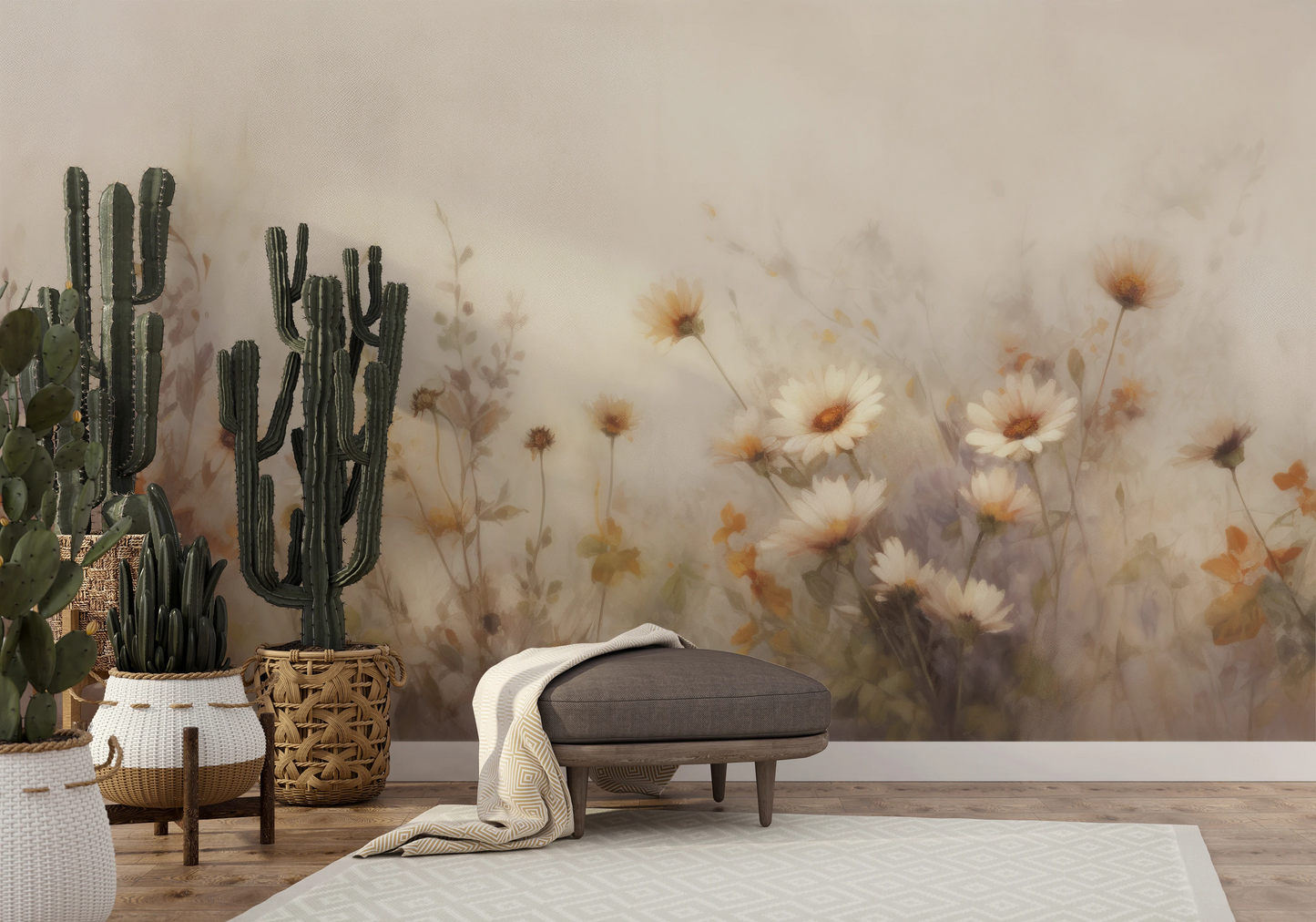 Wzór fototapety o nazwie Hazy Wildflowers pokazanej w kontekście pomieszczenia.