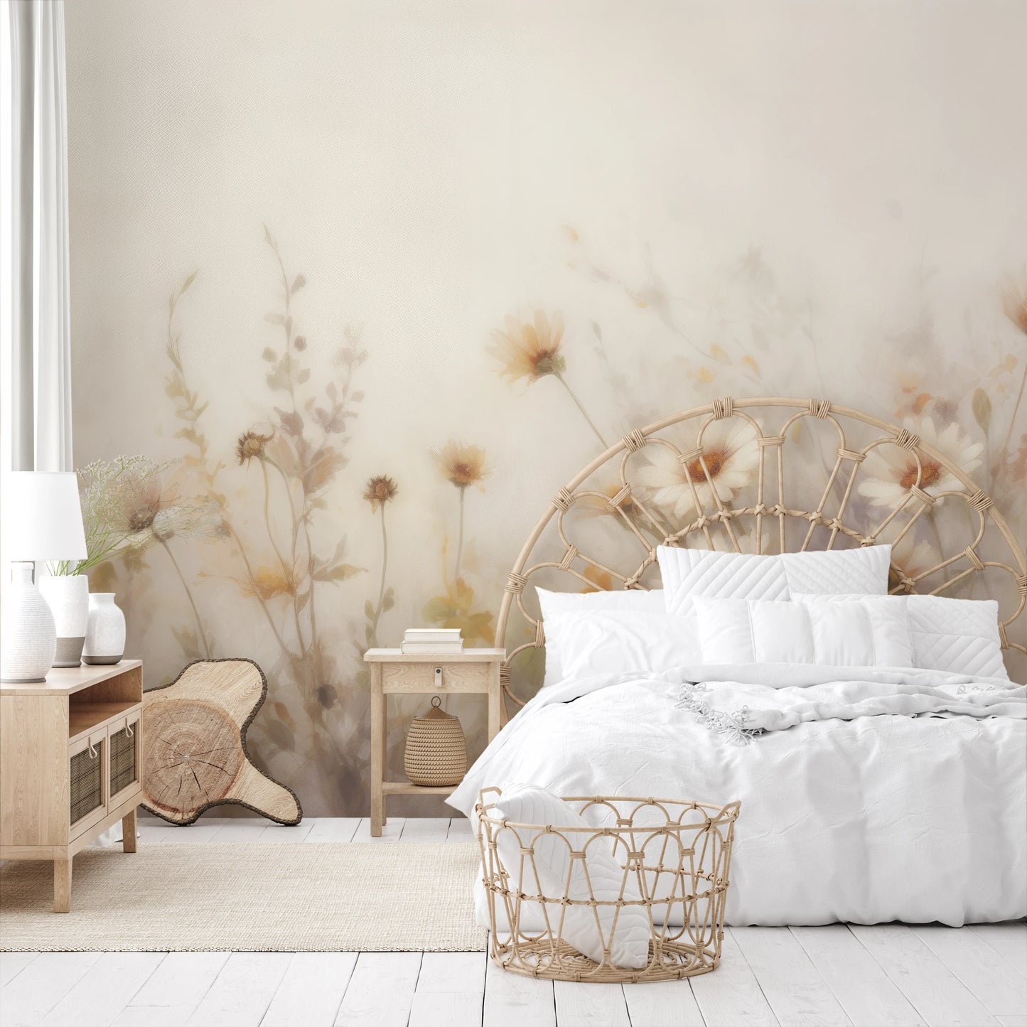 Wzór fototapety artystycznej o nazwie Hazy Wildflowers pokazanej w aranżacji wnętrza.