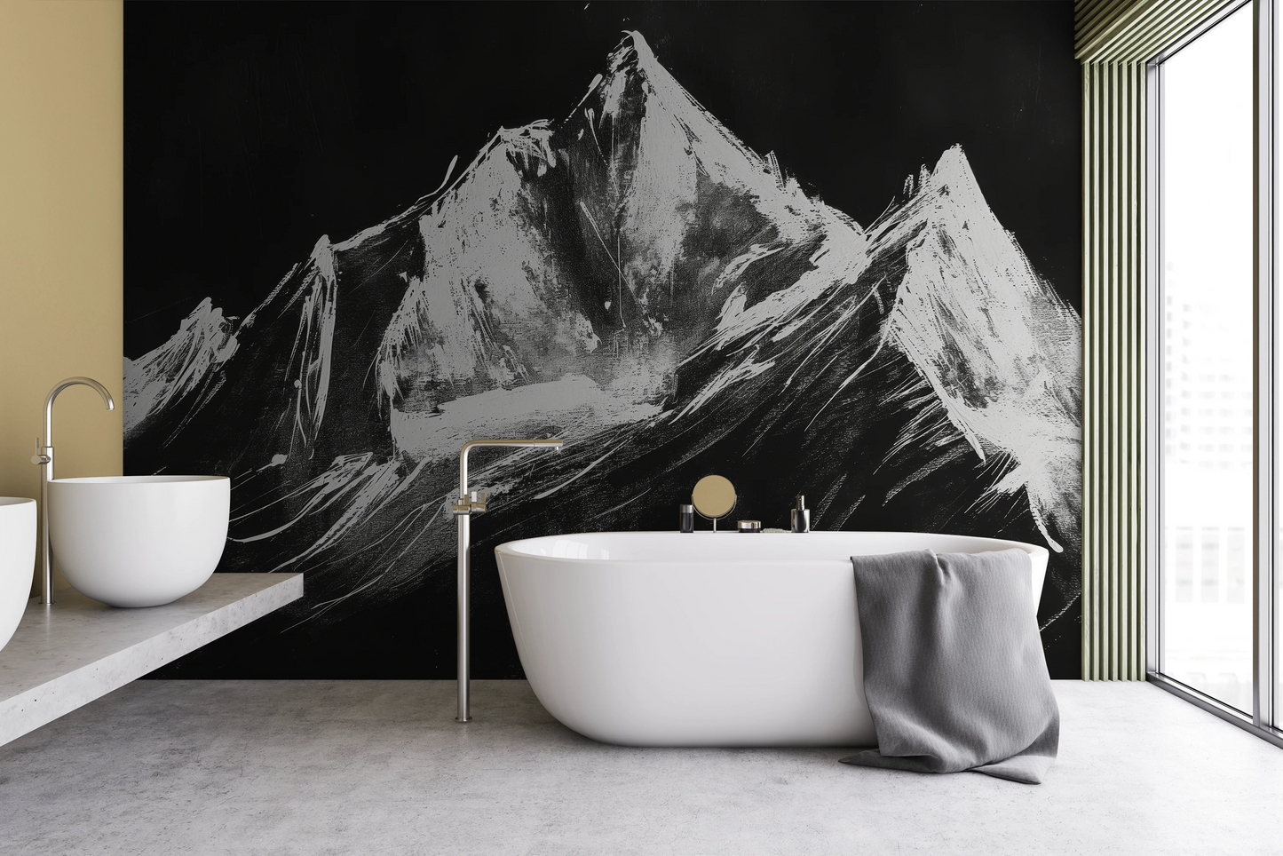 Wzór fototapety malowanej o nazwie Charcoal Peaks pokazanej w aranżacji wnętrza.