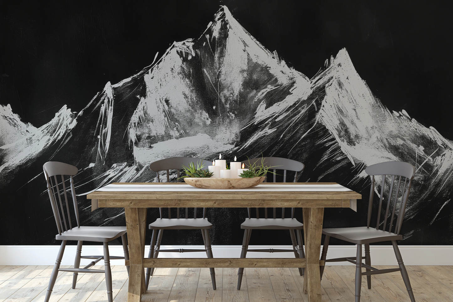 Wzór fototapety artystycznej o nazwie Charcoal Peaks pokazanej w aranżacji wnętrza.
