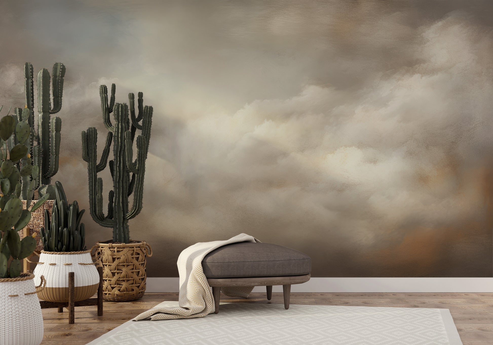 Zdjęcie prezentuje aranżację wnętrza z użyciem fototapety o nazwie CLOUDS OF SERENITY CANVAS pokazanej w aranżacji wnętrza.