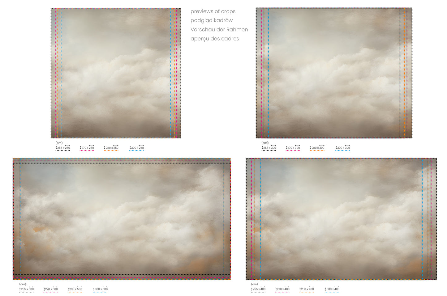Na obrazie znajduje się prezentacja przykładowych rozmiarów fototapety o nazwie CLOUDS OF SERENITY CANVAS. Rozmiar fototapety jest dowolny.