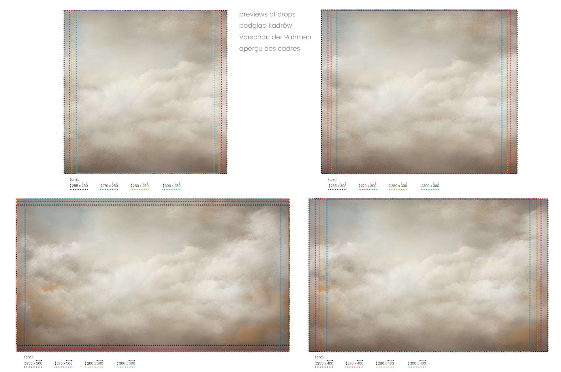 Na obrazie znajduje się prezentacja przykładowych rozmiarów fototapety o nazwie CLOUDS OF SERENITY CANVAS. Rozmiar fototapety jest dowolny.