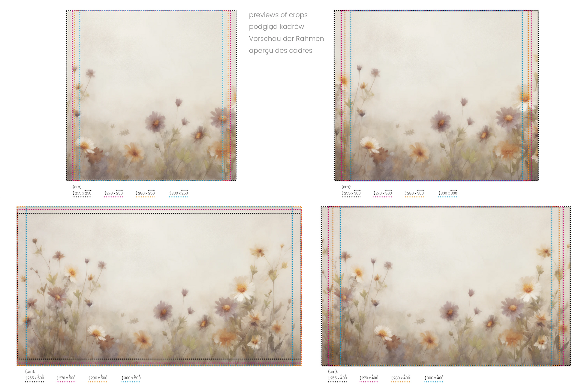 Na obrazie znajduje się prezentacja przykładowych rozmiarów fototapety o nazwie Serene Blossoms. Rozmiar fototapety jest dowolny.