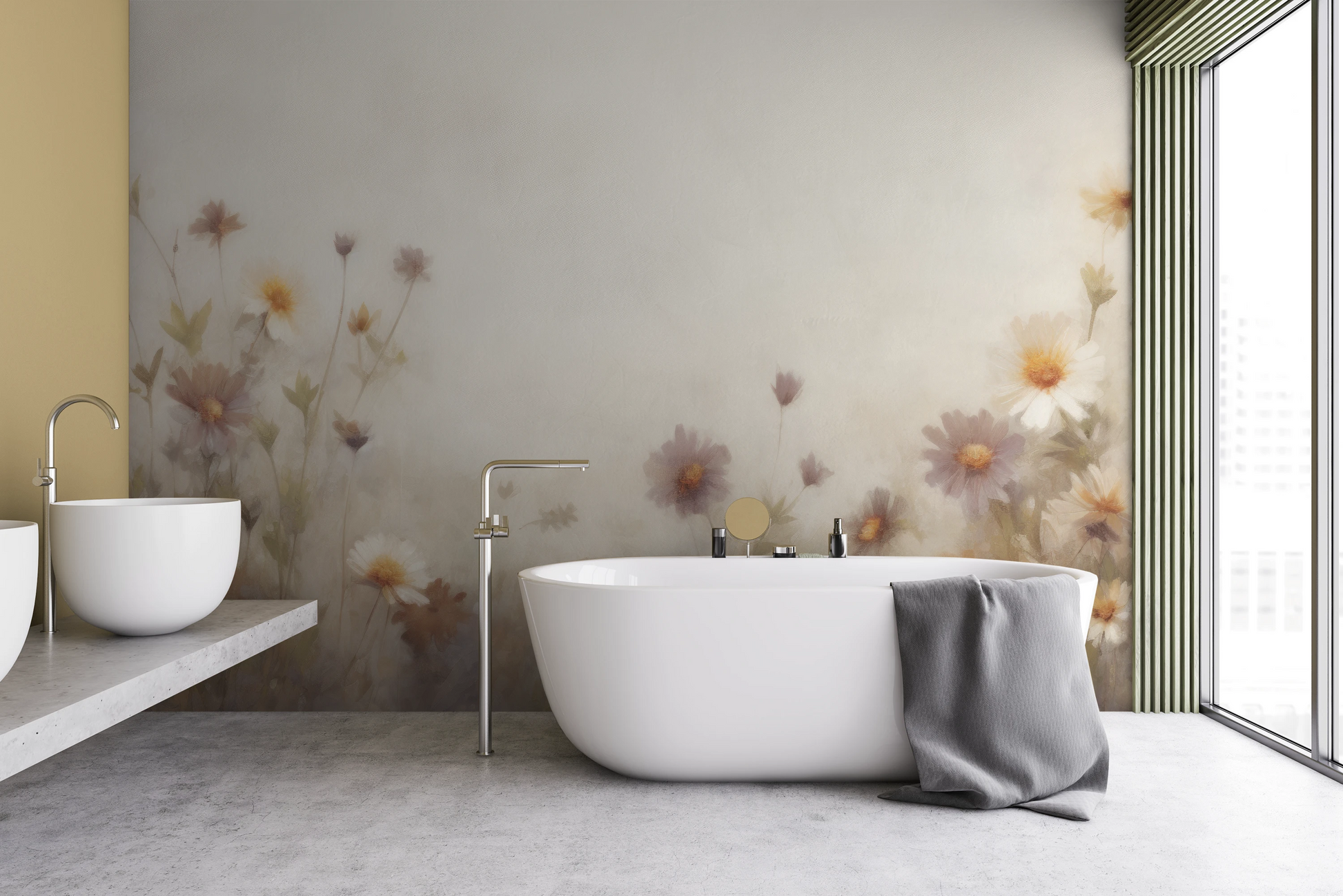 Wzór fototapety artystycznej o nazwie Serene Blossoms pokazanej w aranżacji wnętrza.