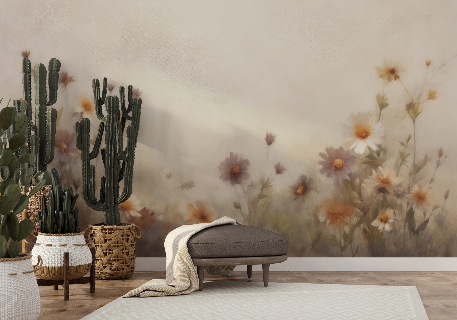 Fototapeta malowana o nazwie Serene Blossoms pokazana w aranżacji wnętrza.