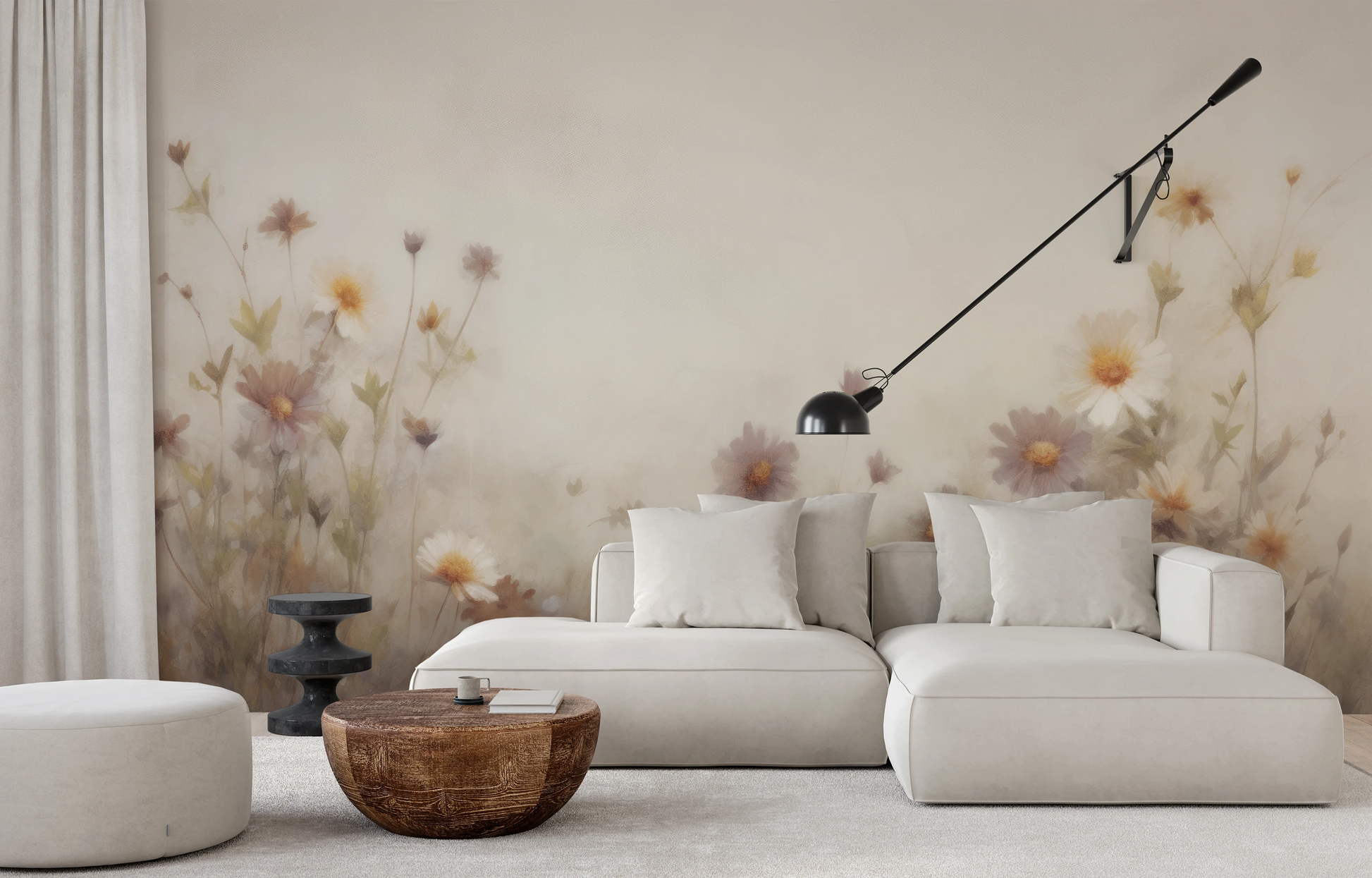 Wzór fototapety malowanej o nazwie Serene Blossoms pokazanej w aranżacji wnętrza.