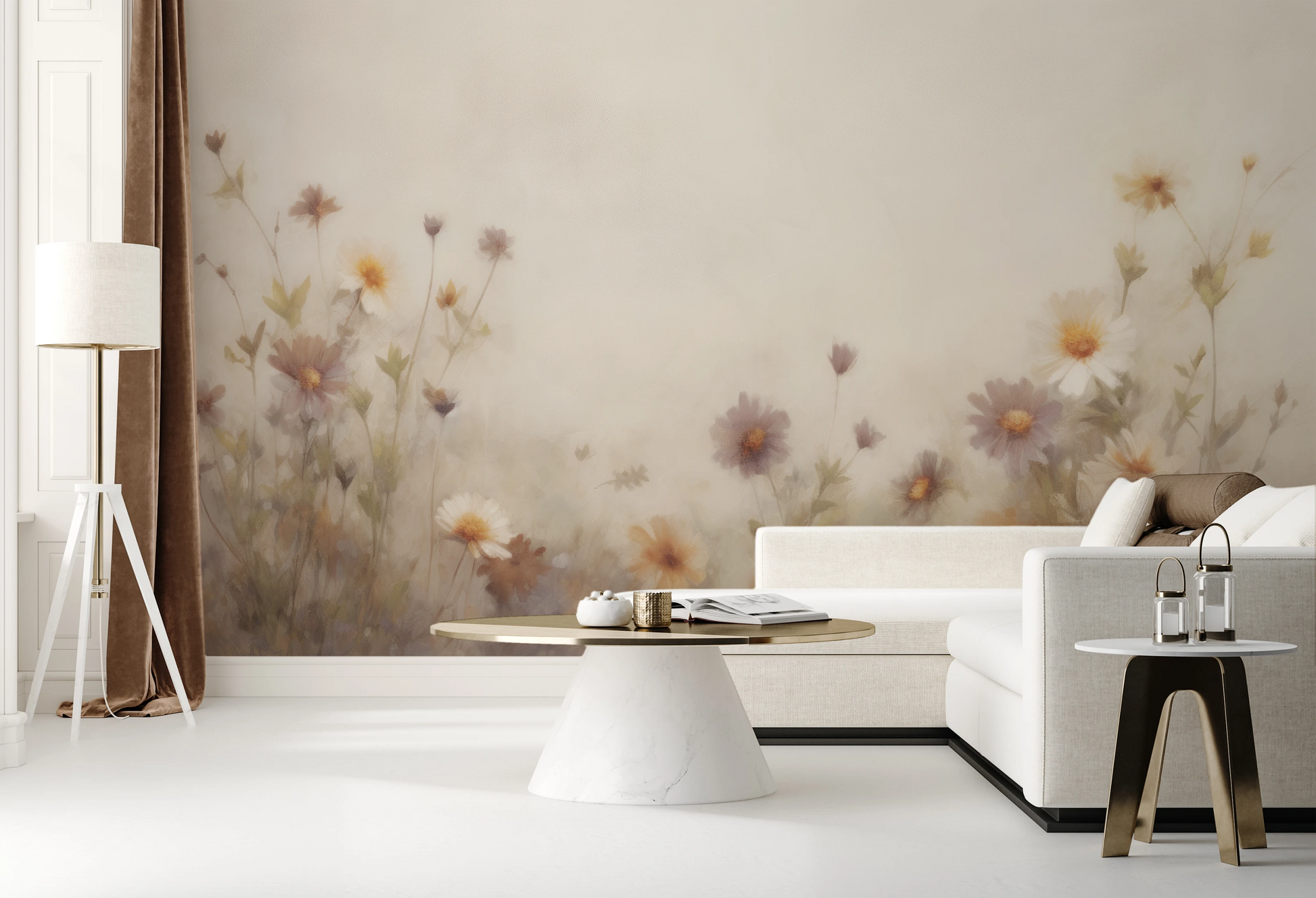 Fototapeta artystyczna o nazwie Serene Blossoms pokazana w aranżacji wnętrza.