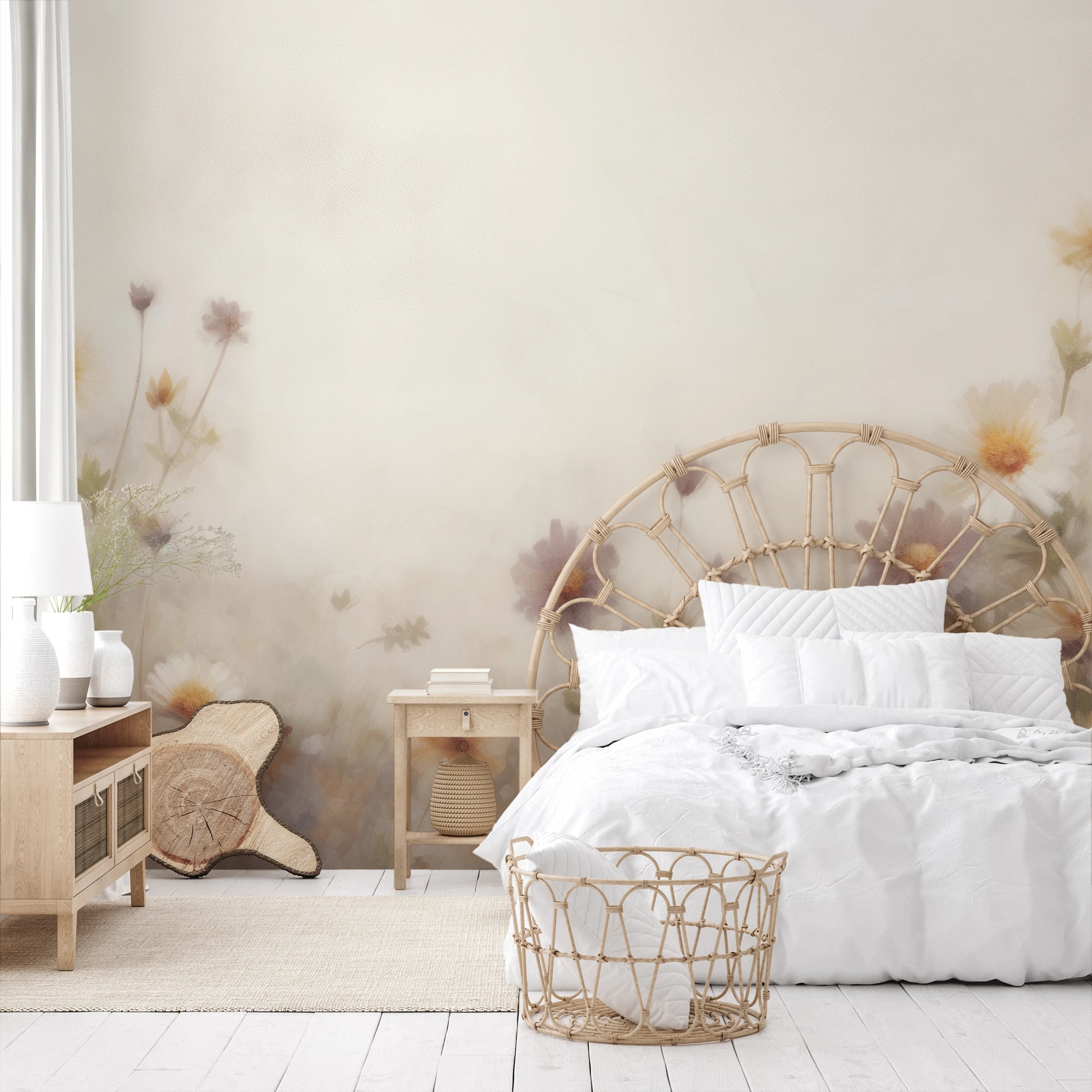 Wzór fototapety artystycznej o nazwie Serene Blossoms pokazanej w aranżacji wnętrza.