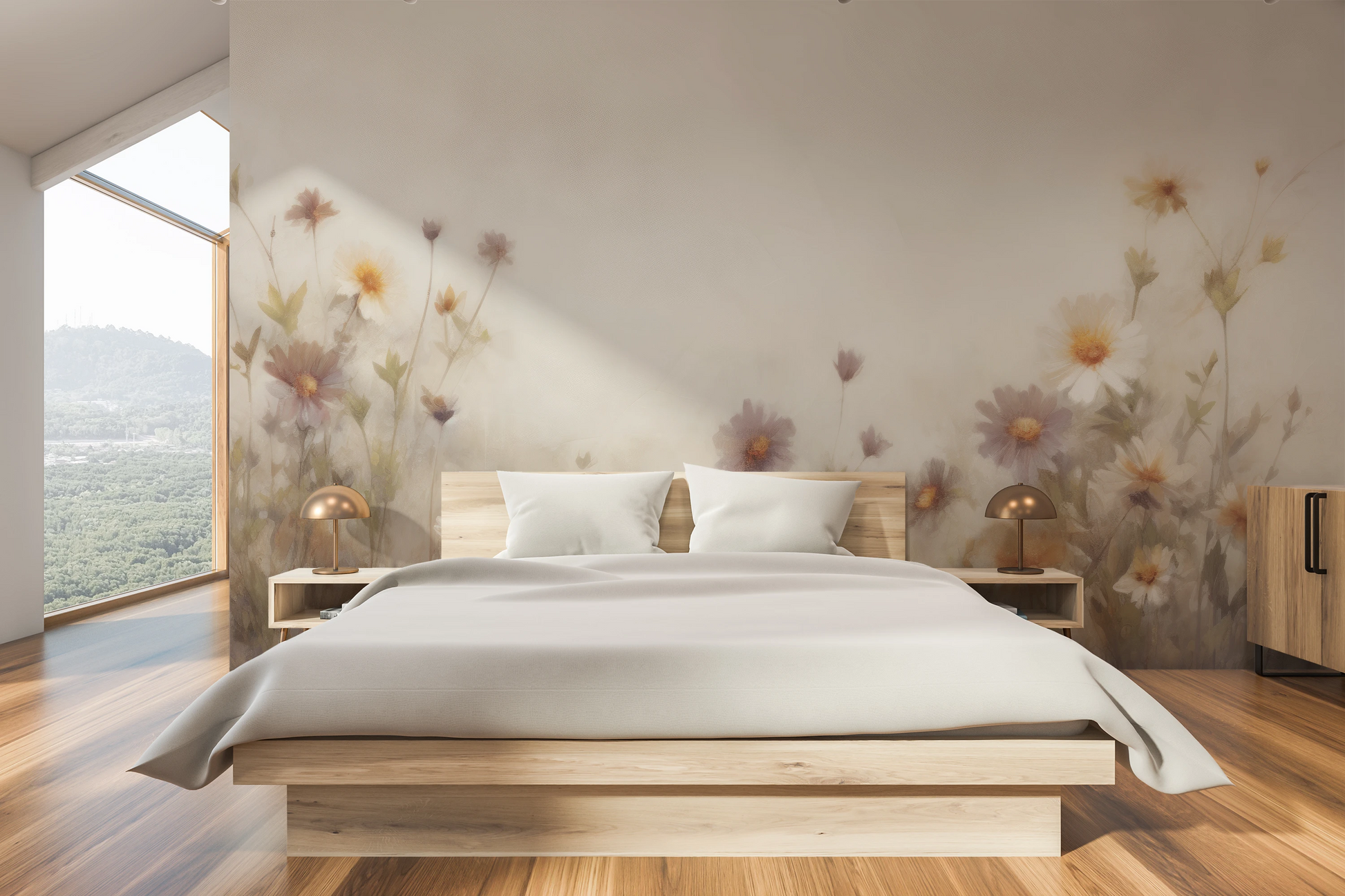 Zdjęcie prezentuje aranżację wnętrza z użyciem fototapety o nazwie Serene Blossoms pokazanej w aranżacji wnętrza.