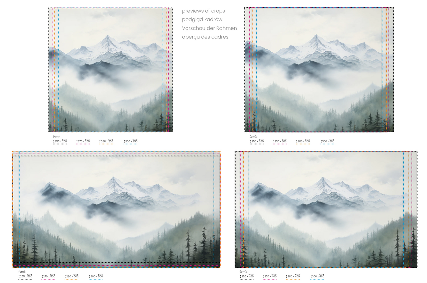 Na obrazie znajduje się prezentacja przykładowych rozmiarów fototapety o nazwie Misty Mountain. Rozmiar fototapety jest dowolny.