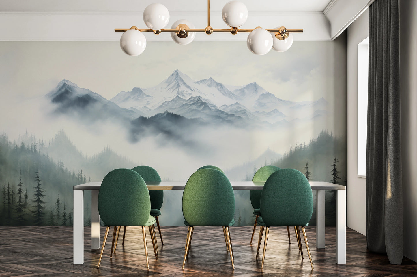 Fototapeta artystyczna o nazwie Misty Mountain pokazana w aranżacji wnętrza.