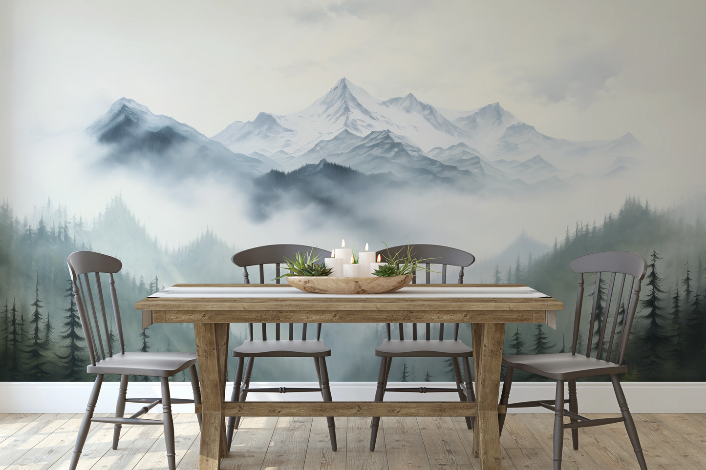 Wzór fototapety o nazwie Misty Mountain pokazanej w kontekście pomieszczenia.