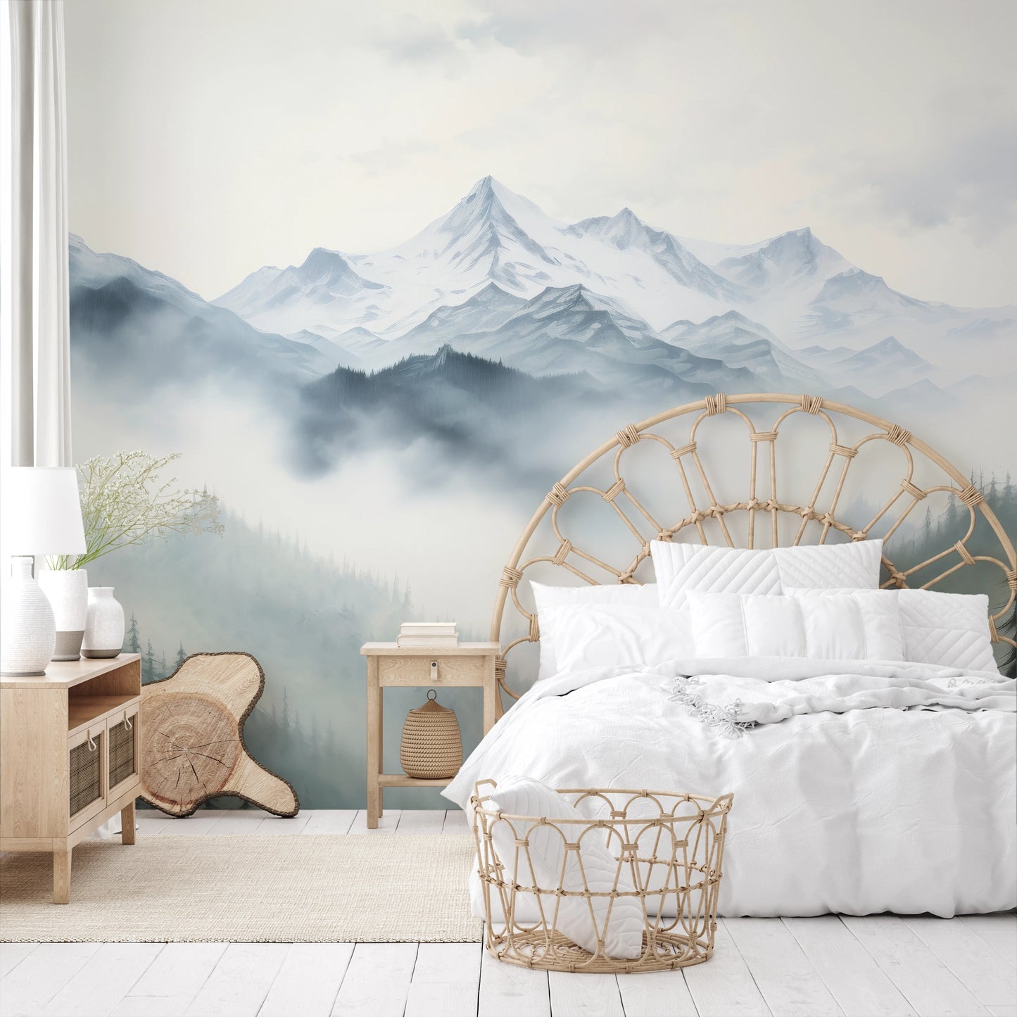 Wzór fototapety artystycznej o nazwie Misty Mountain pokazanej w aranżacji wnętrza.