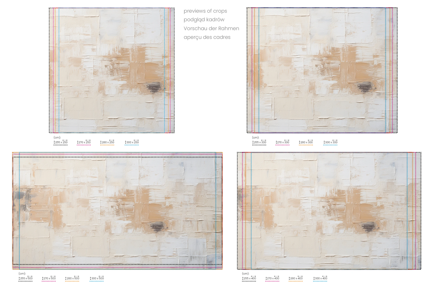 Na obrazie znajduje się prezentacja przykładowych rozmiarów fototapety o nazwie Textured Canvas. Rozmiar fototapety jest dowolny.