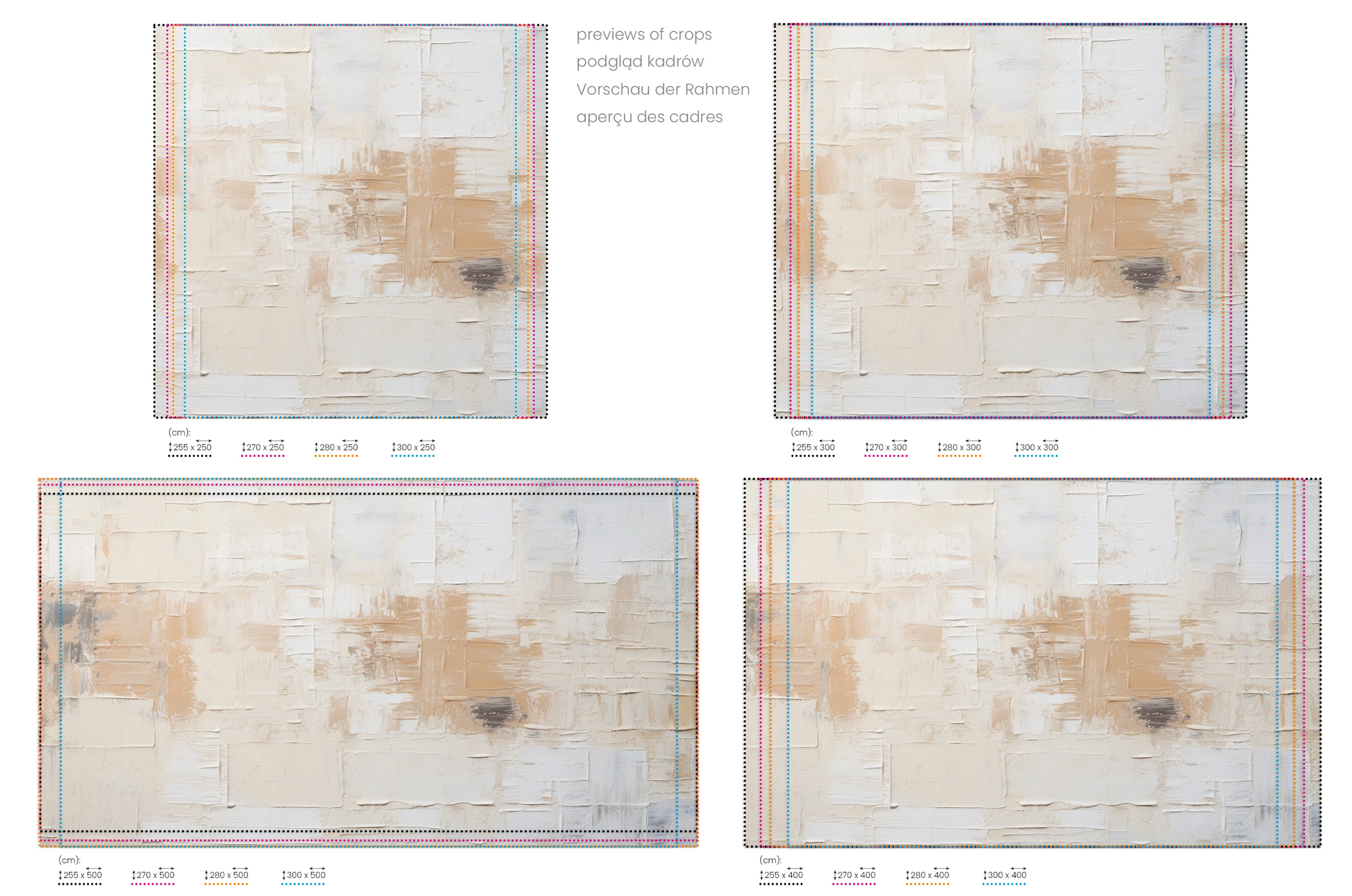 Na obrazie znajduje się prezentacja przykładowych rozmiarów fototapety o nazwie Textured Canvas. Rozmiar fototapety jest dowolny.