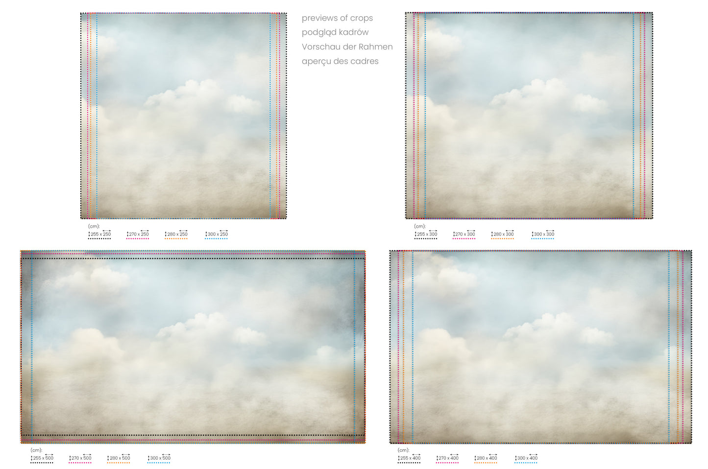 Na obrazie znajduje się prezentacja przykładowych rozmiarów fototapety o nazwie HEAVENLY BLUE SERENITY CANVAS. Rozmiar fototapety jest dowolny.