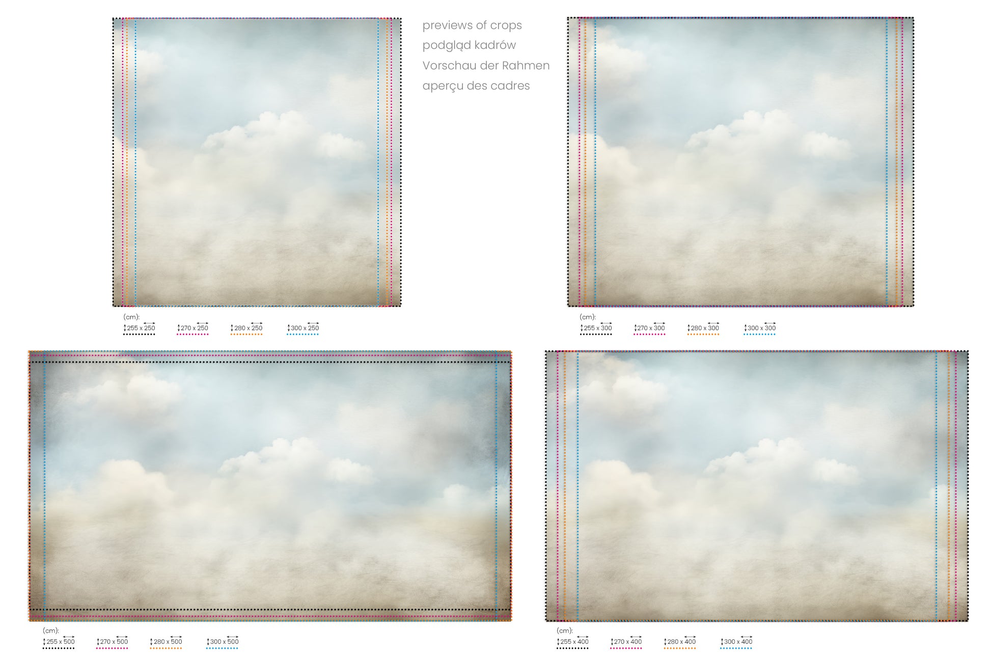 Na obrazie znajduje się prezentacja przykładowych rozmiarów fototapety o nazwie HEAVENLY BLUE SERENITY CANVAS. Rozmiar fototapety jest dowolny.