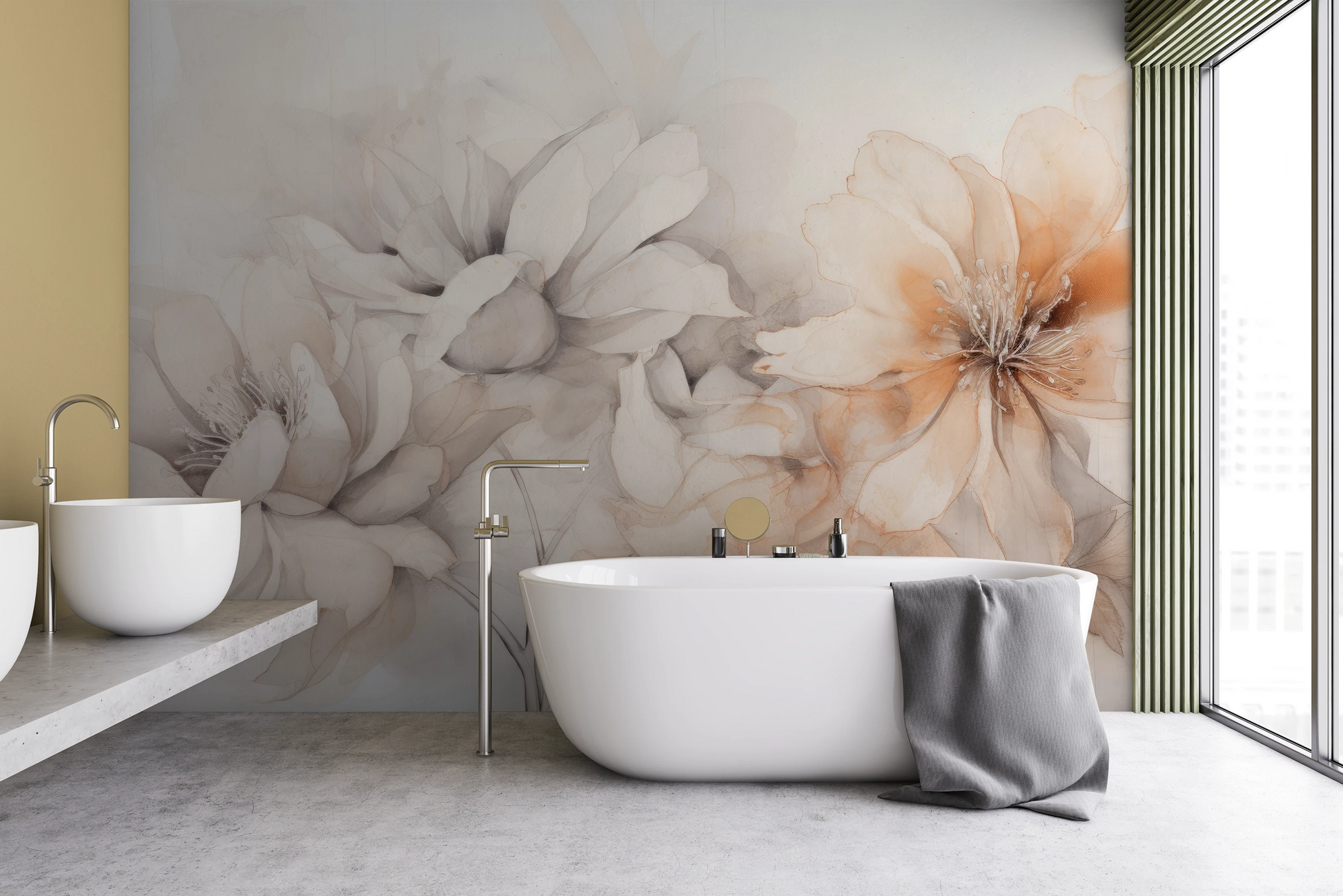 Wzór fototapety o nazwie Neutral Florals pokazanej w kontekście pomieszczenia.