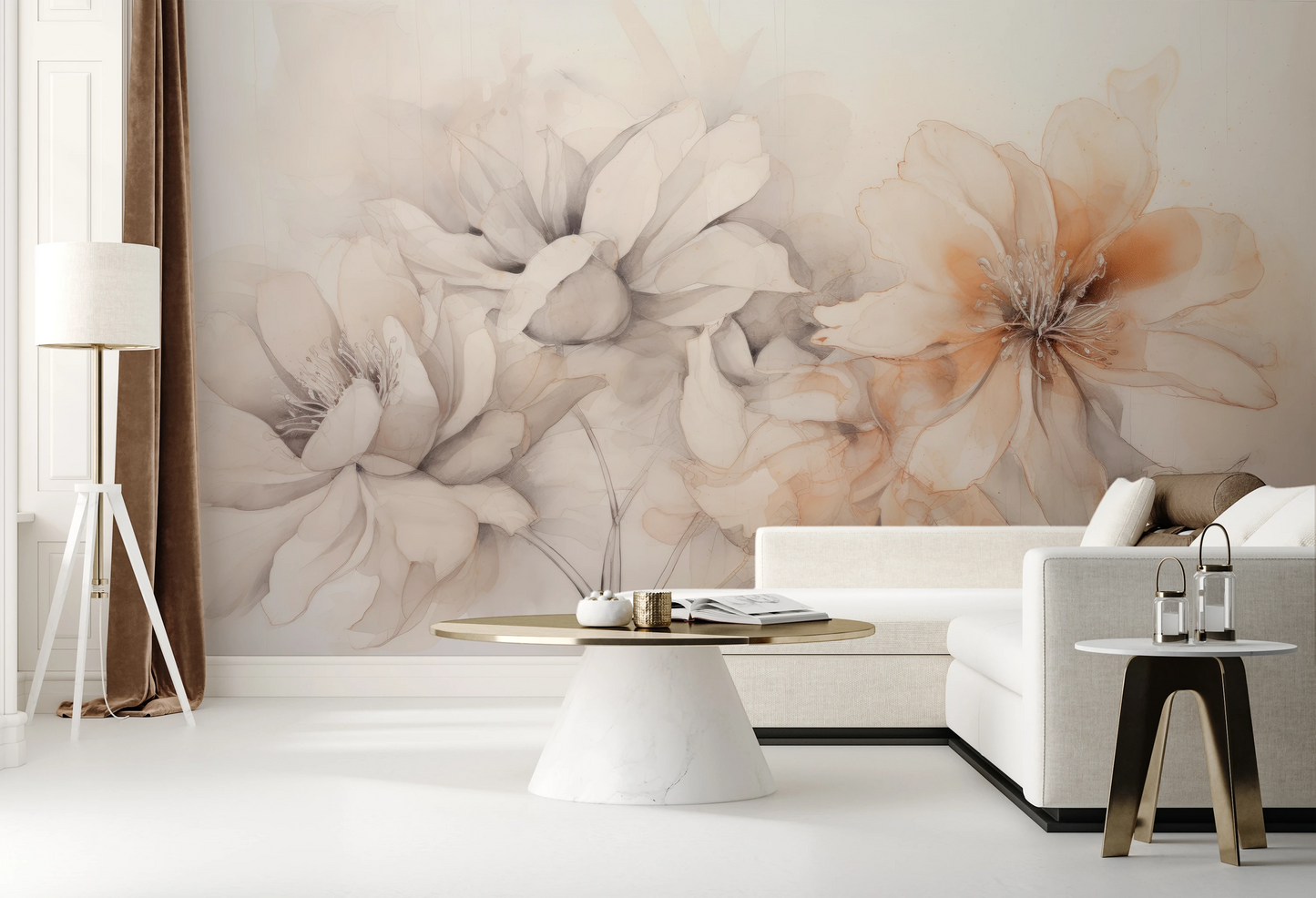 Wzór fototapety artystycznej o nazwie Neutral Florals pokazanej w aranżacji wnętrza.