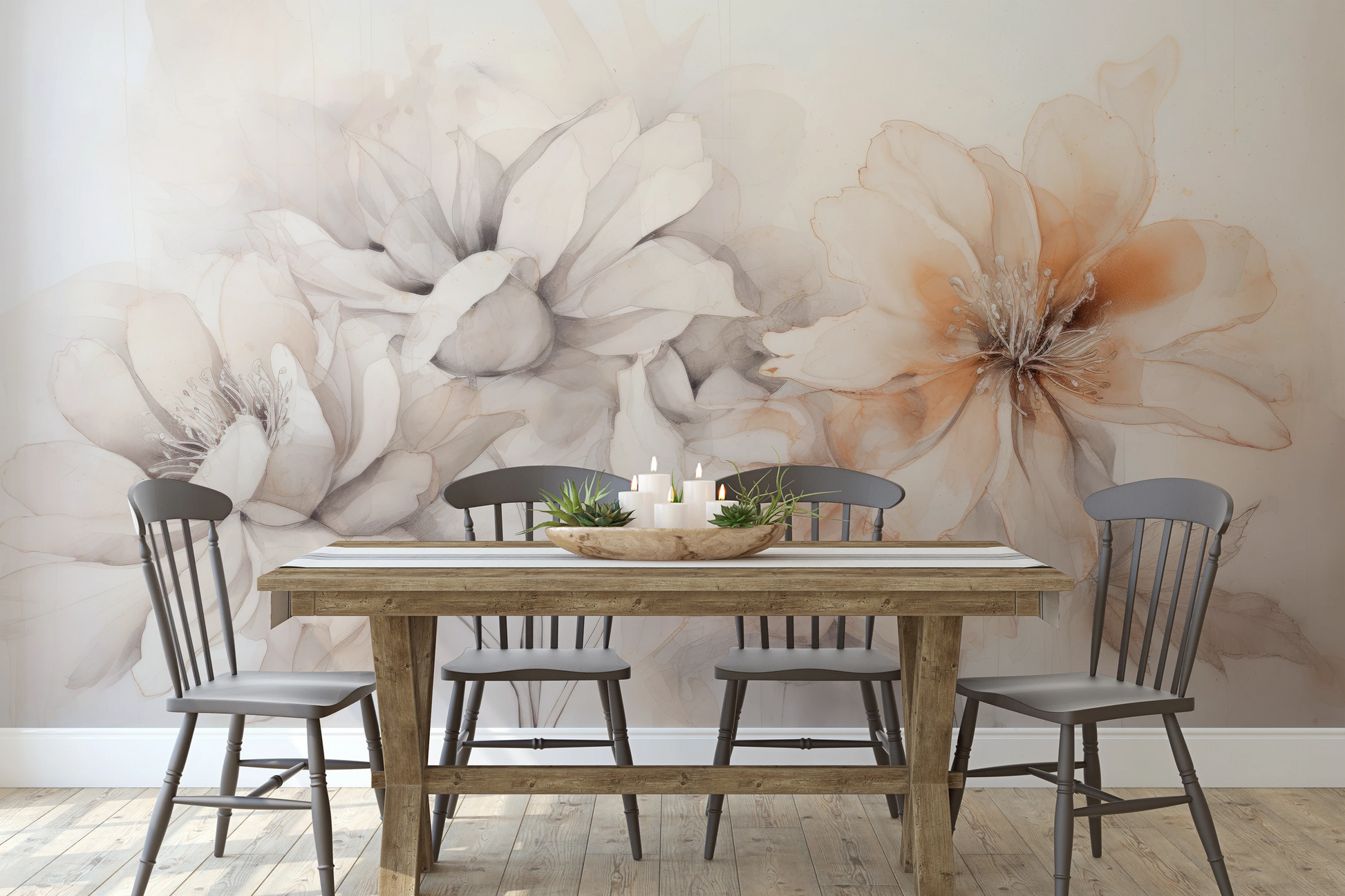 Wzór fototapety malowanej o nazwie Neutral Florals pokazanej w aranżacji wnętrza.