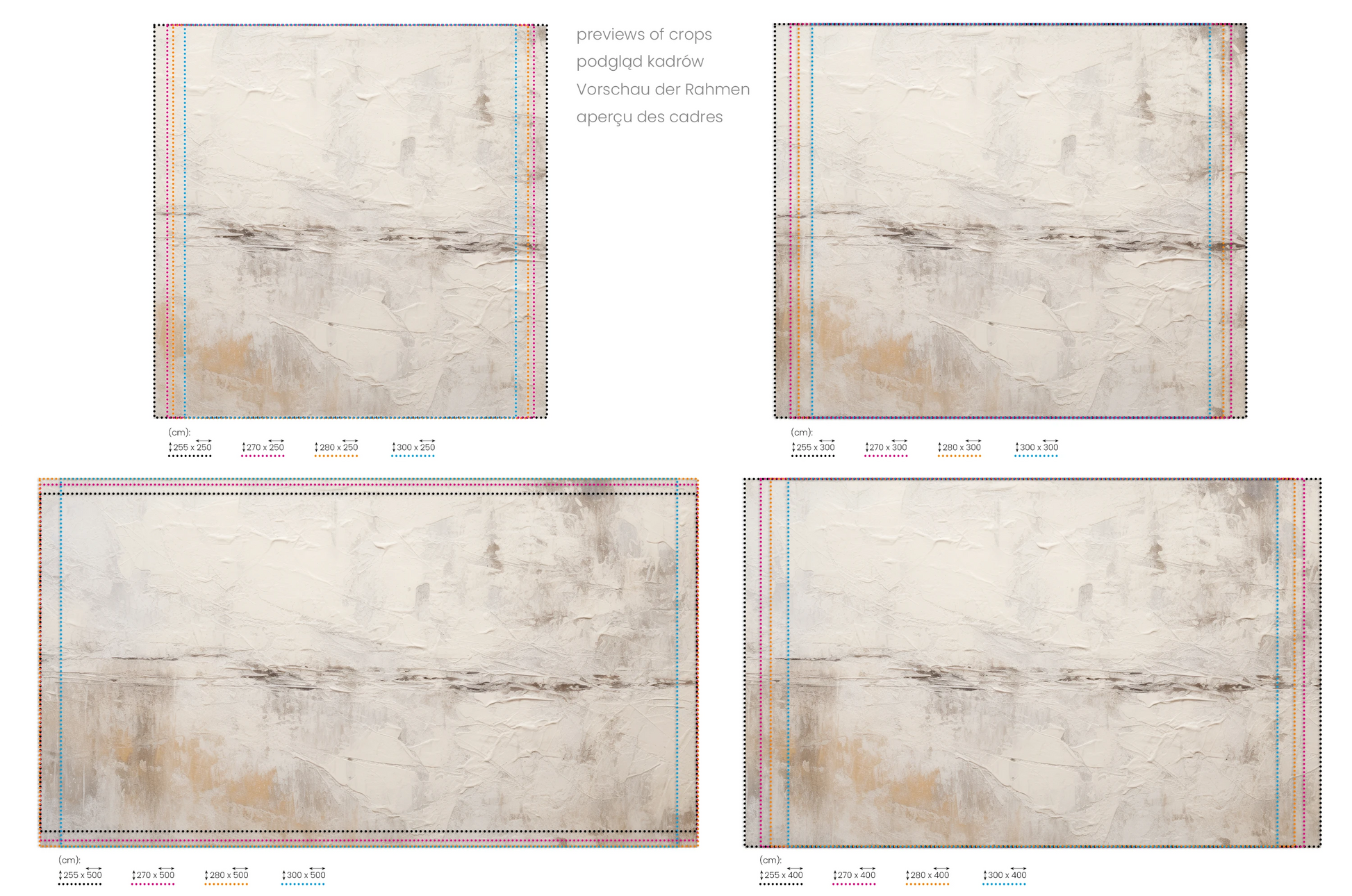 Na obrazie znajduje się prezentacja przykładowych rozmiarów fototapety o nazwie Gentle Horizon. Rozmiar fototapety jest dowolny.
