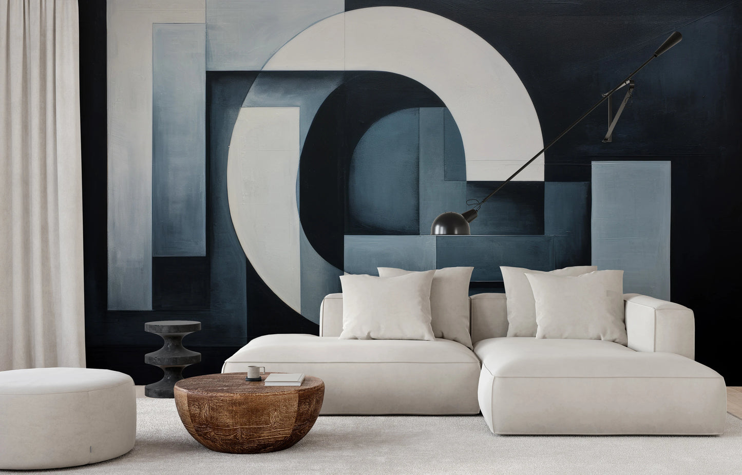 Fototapeta artystyczna o nazwie Monochromatic Curvature pokazana w aranżacji wnętrza.
