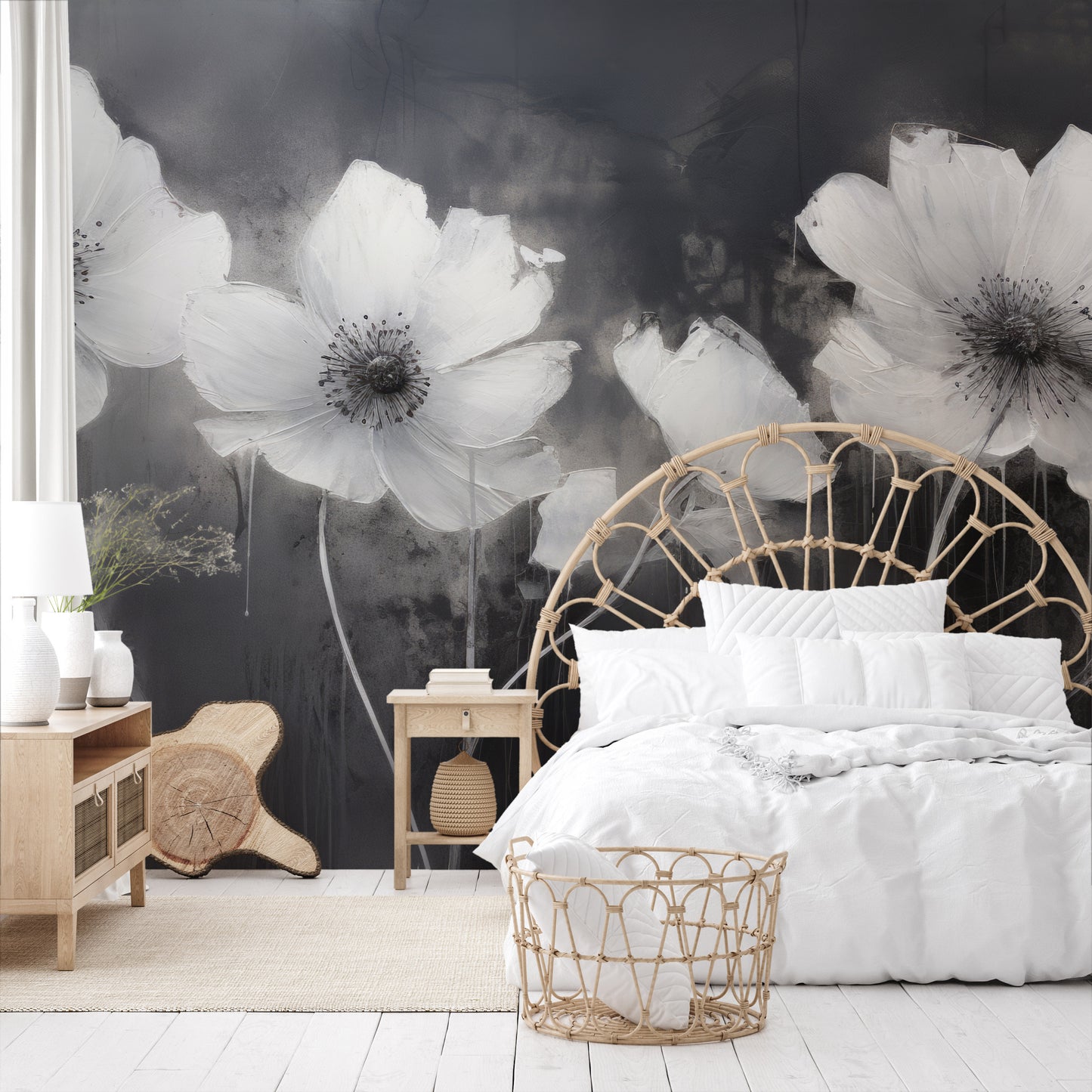 Wzór fototapety artystycznej o nazwie NOCTURNAL BLOOMS pokazanej w aranżacji wnętrza.