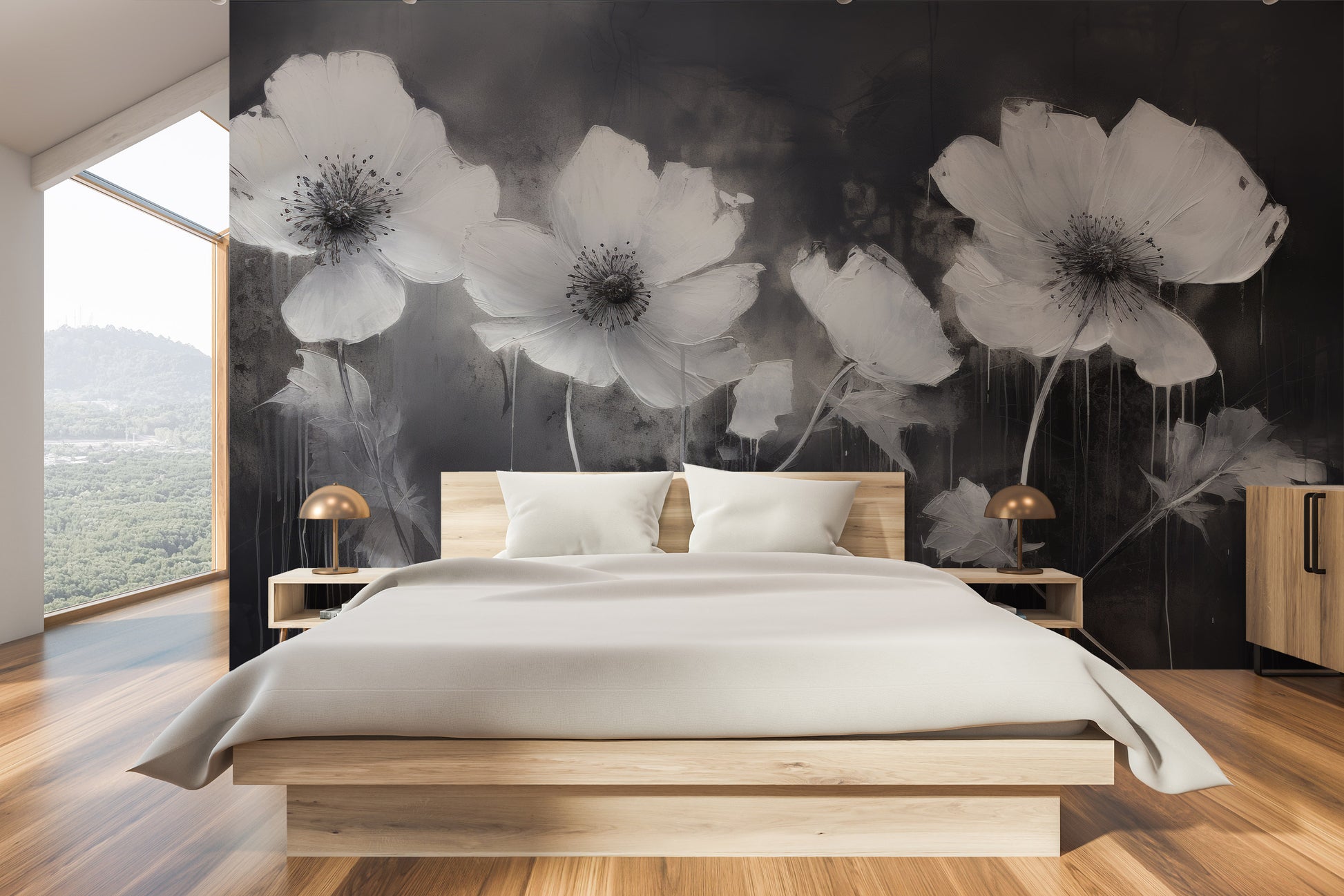Wzór fototapety artystycznej o nazwie NOCTURNAL BLOOMS pokazanej w aranżacji wnętrza.