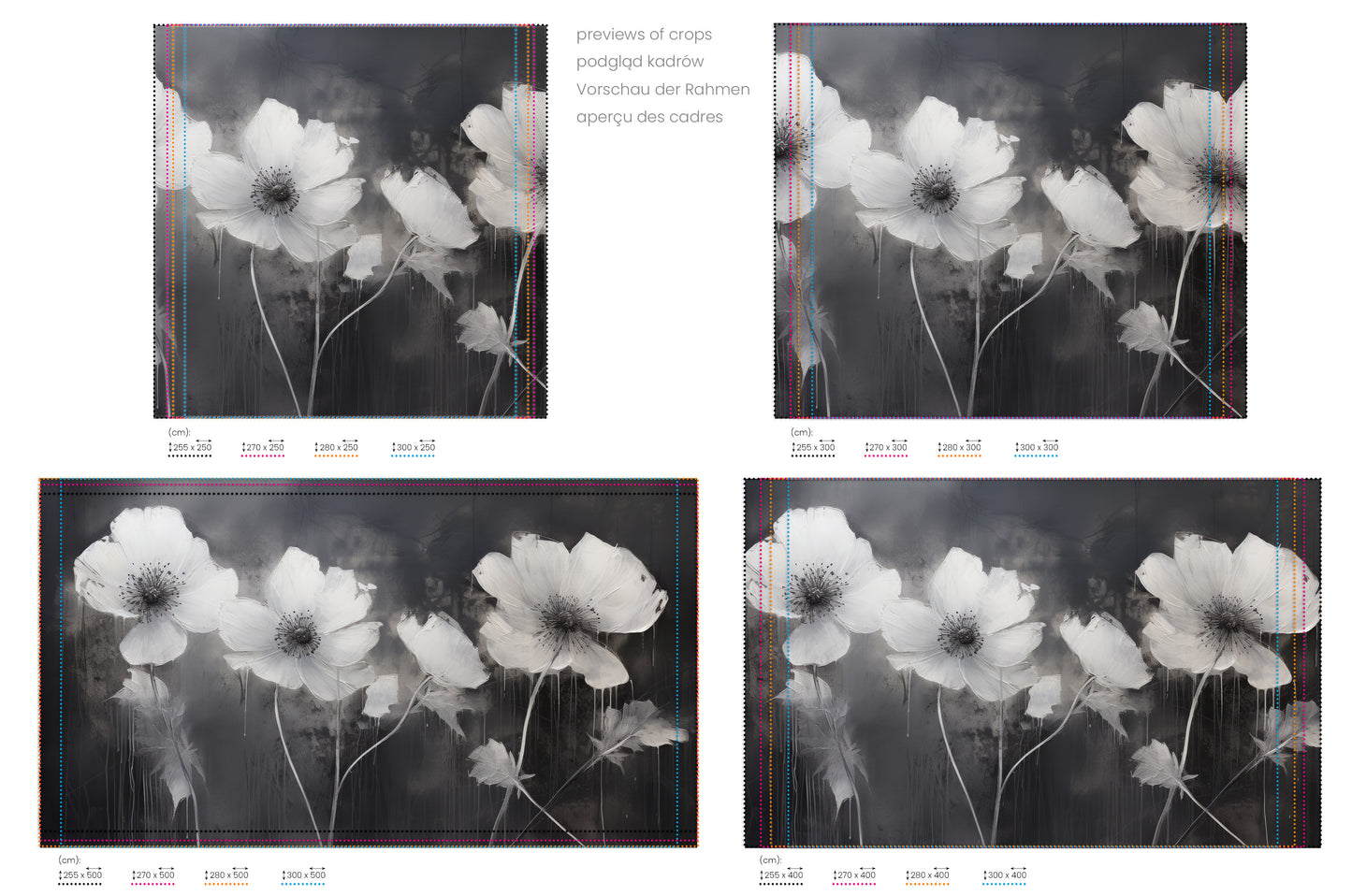 Na obrazie znajduje się prezentacja przykładowych rozmiarów fototapety o nazwie NOCTURNAL BLOOMS. Rozmiar fototapety jest dowolny.