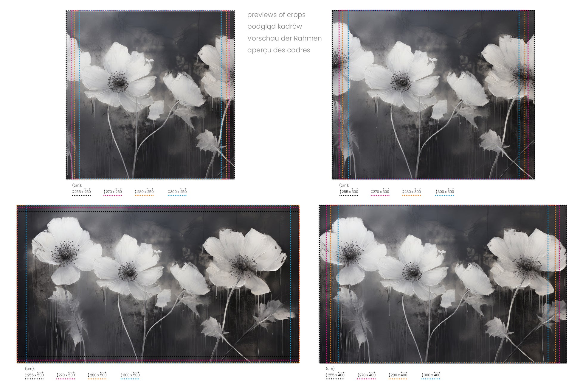 Na obrazie znajduje się prezentacja przykładowych rozmiarów fototapety o nazwie NOCTURNAL BLOOMS. Rozmiar fototapety jest dowolny.