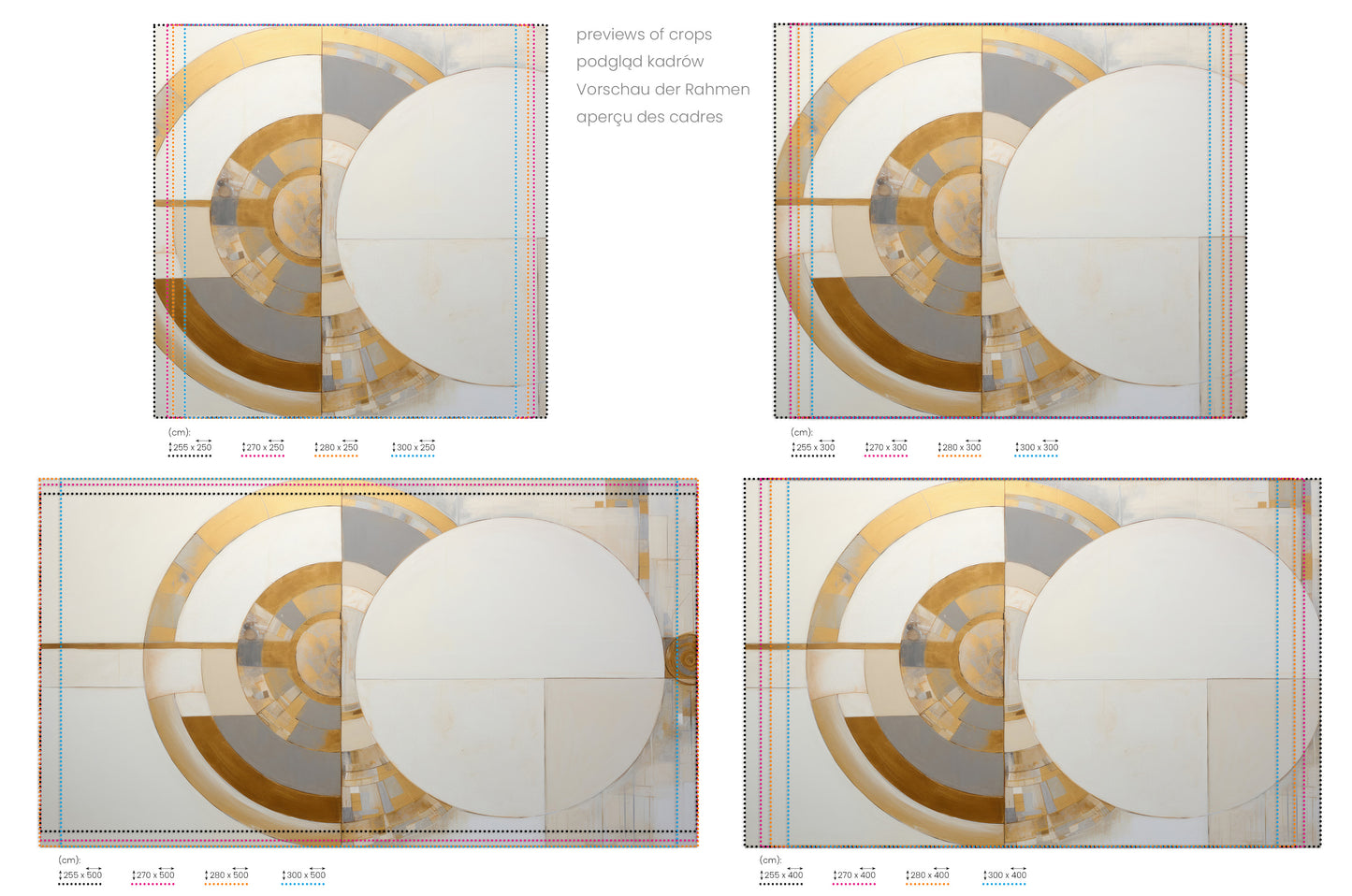 Na obrazie znajduje się prezentacja przykładowych rozmiarów fototapety o nazwie GOLDEN AXIS SYMMETRY. Rozmiar fototapety jest dowolny.