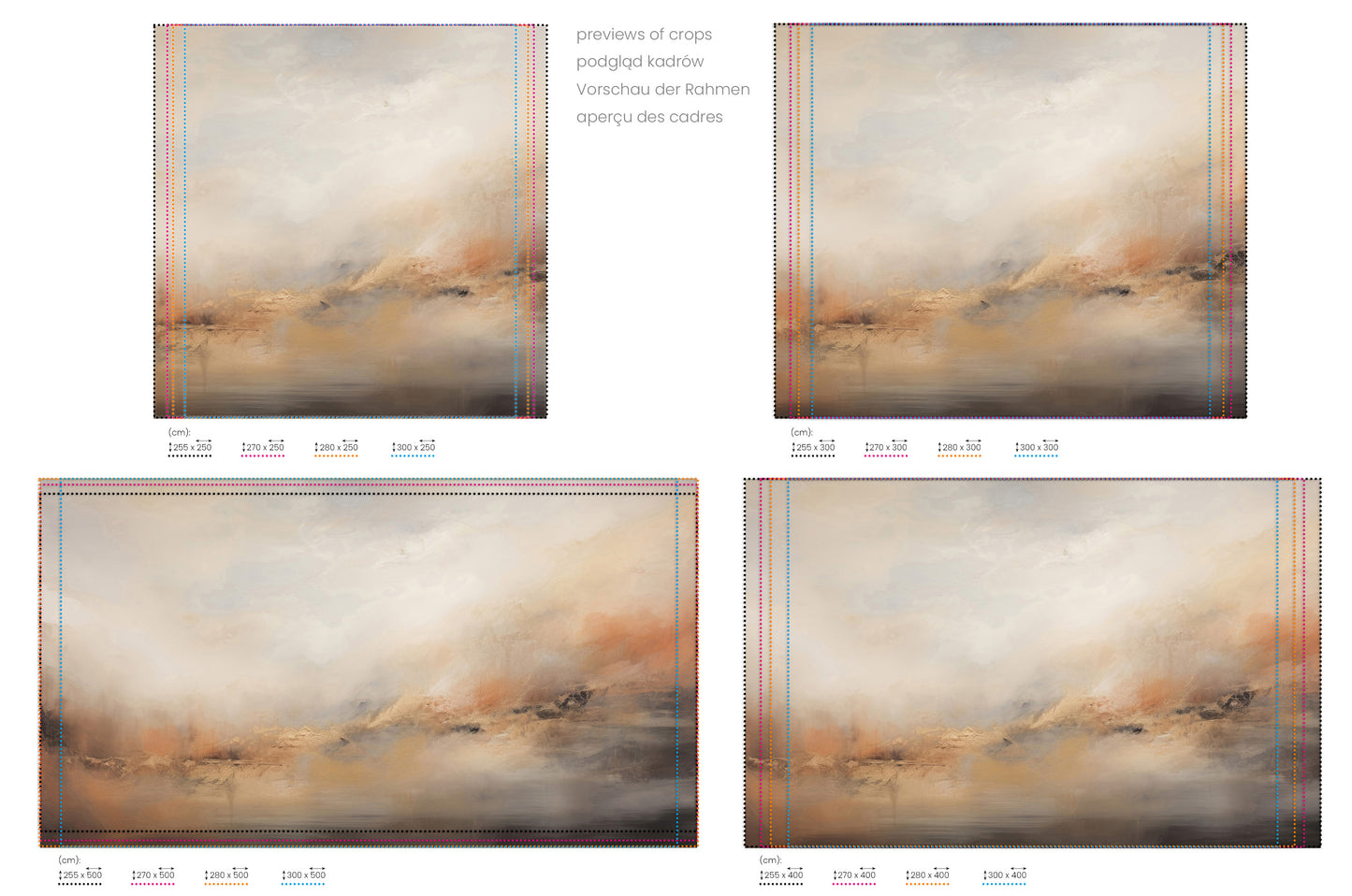 Na obrazie znajduje się prezentacja przykładowych rozmiarów fototapety o nazwie HORIZON GLOW ABSTRACTION. Rozmiar fototapety jest dowolny.