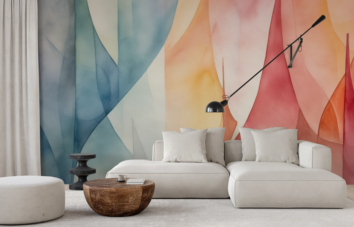 Wzór fototapety o nazwie Geometric Pastel pokazanej w kontekście pomieszczenia.