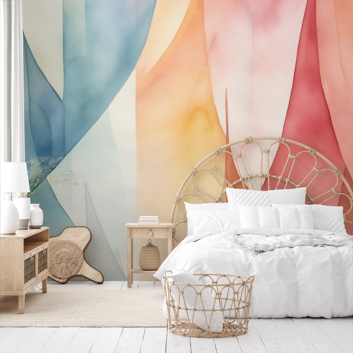 Wzór fototapety artystycznej o nazwie Geometric Pastel pokazanej w aranżacji wnętrza.