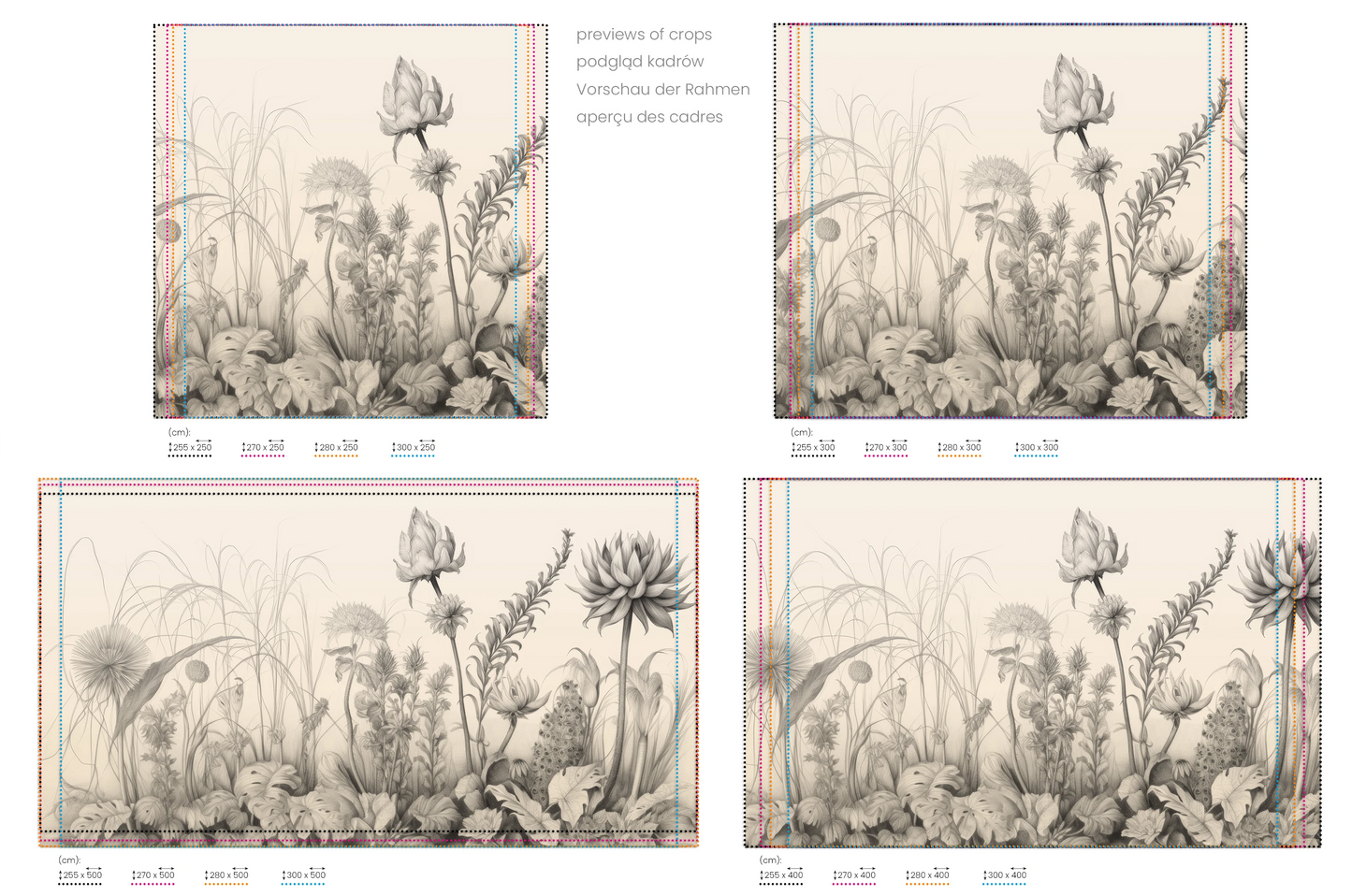 Na obrazie znajduje się prezentacja przykładowych rozmiarów fototapety o nazwie Flora in Monochrome. Rozmiar fototapety jest dowolny.