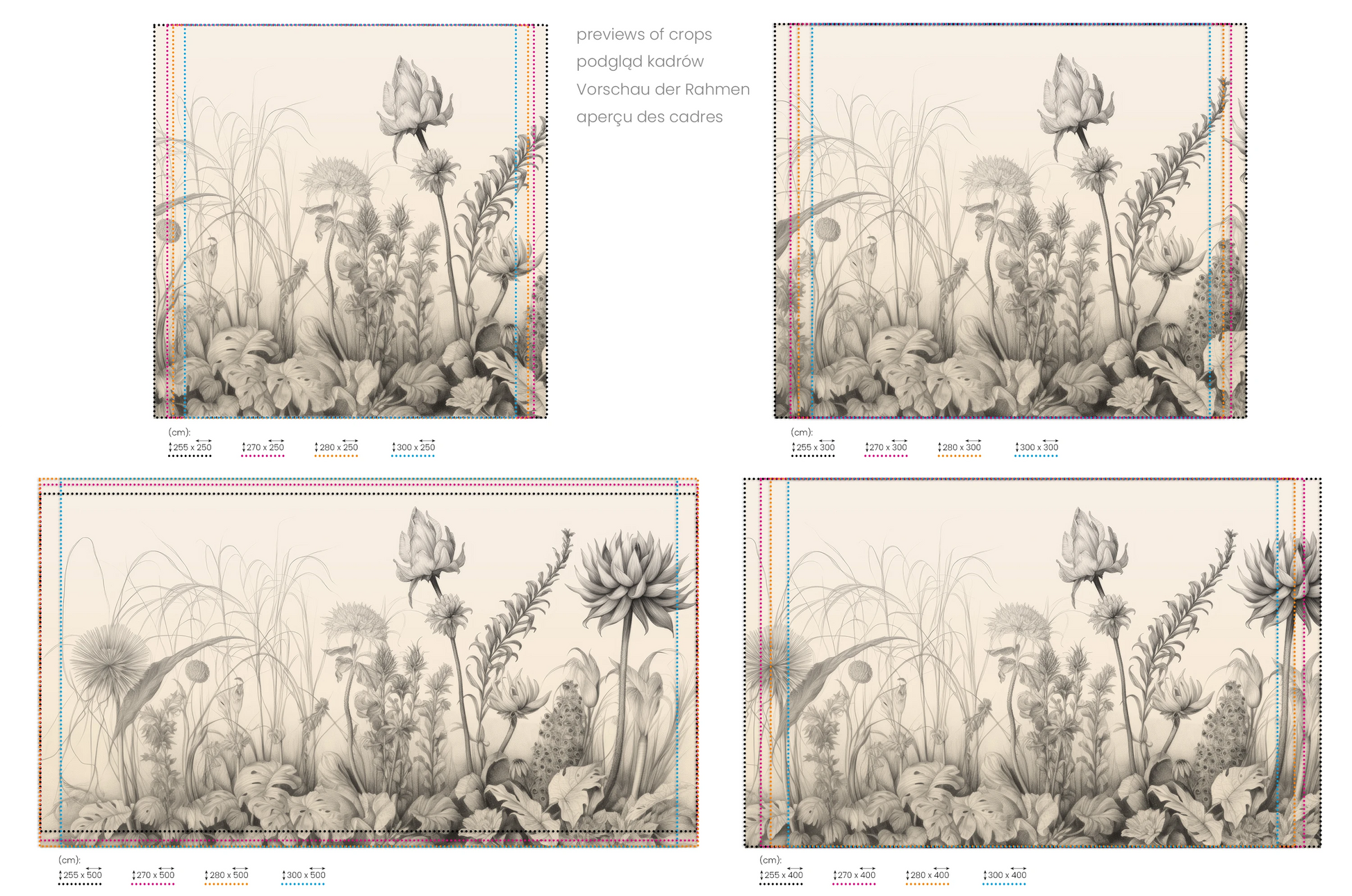 Na obrazie znajduje się prezentacja przykładowych rozmiarów fototapety o nazwie Flora in Monochrome. Rozmiar fototapety jest dowolny.