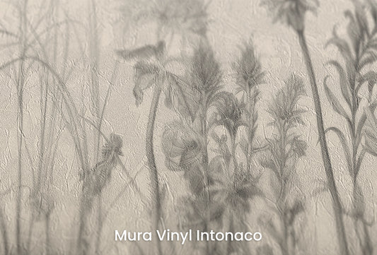 Zbliżenie na artystyczną fototapetę o nazwie Flora in Monochrome na podłożu Mura Vinyl Intonaco - struktura tartego tynku.