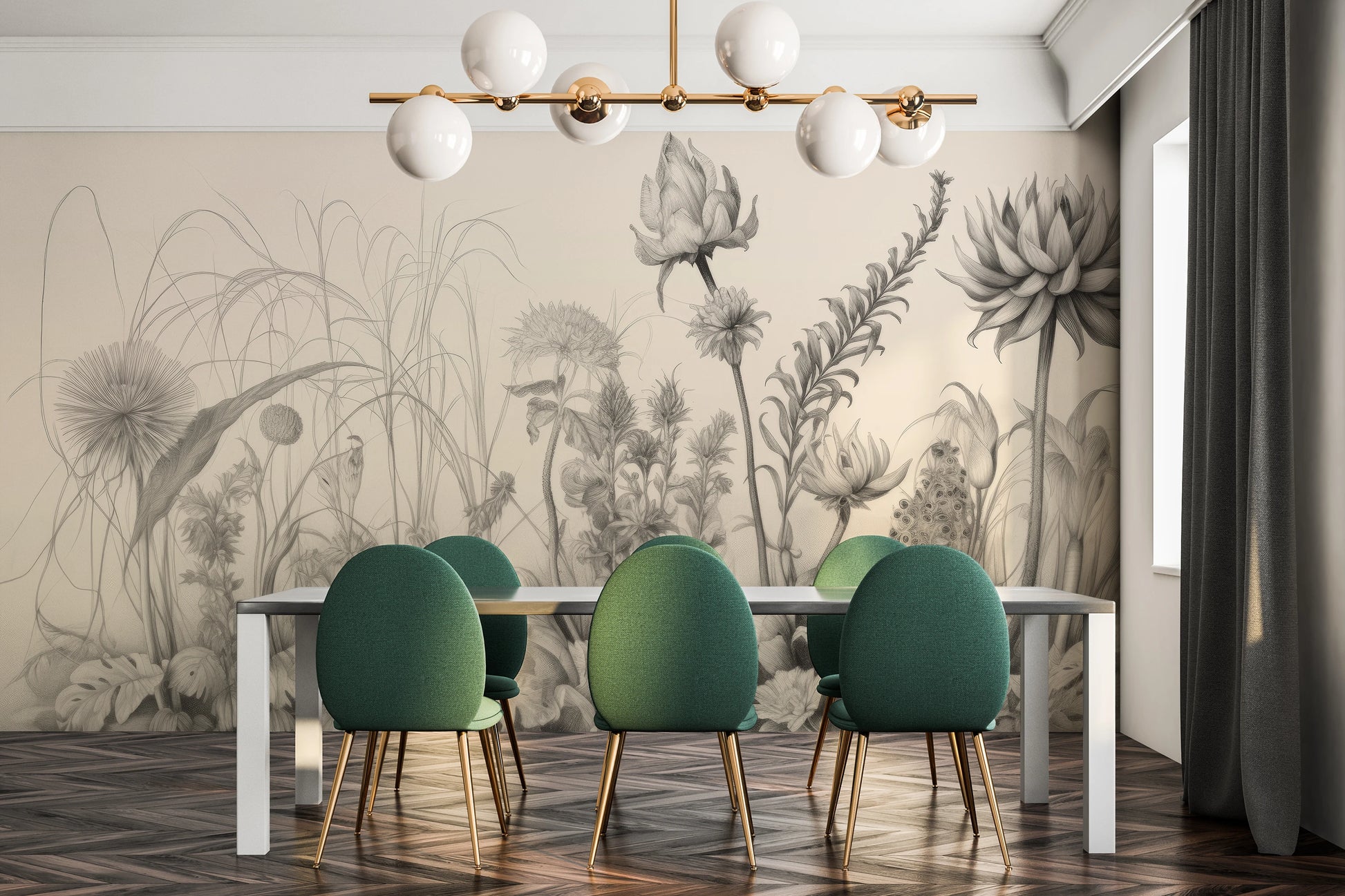 Wzór fototapety artystycznej o nazwie Flora in Monochrome pokazanej w aranżacji wnętrza.