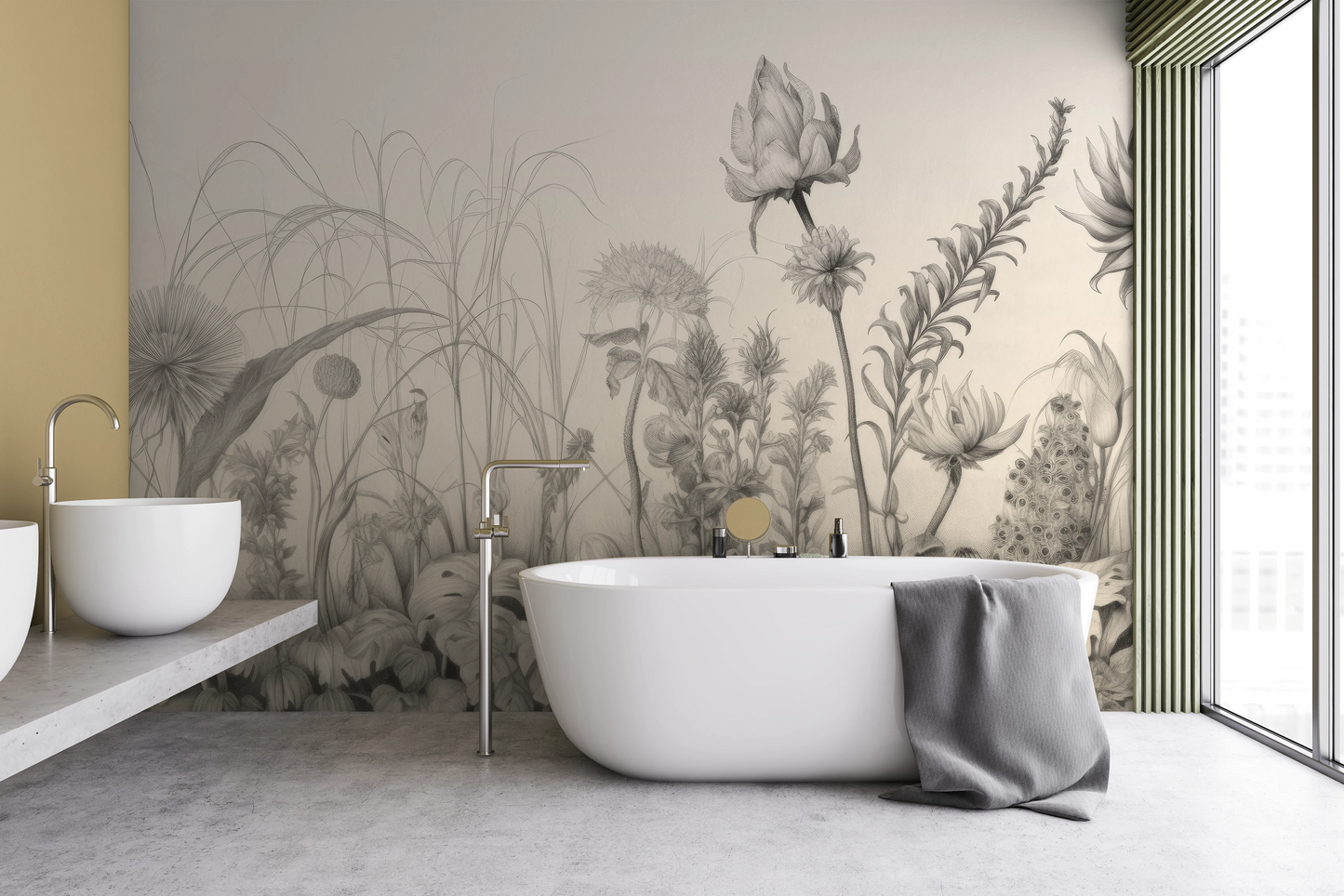 Wzór fototapety artystycznej o nazwie Flora in Monochrome pokazanej w aranżacji wnętrza.