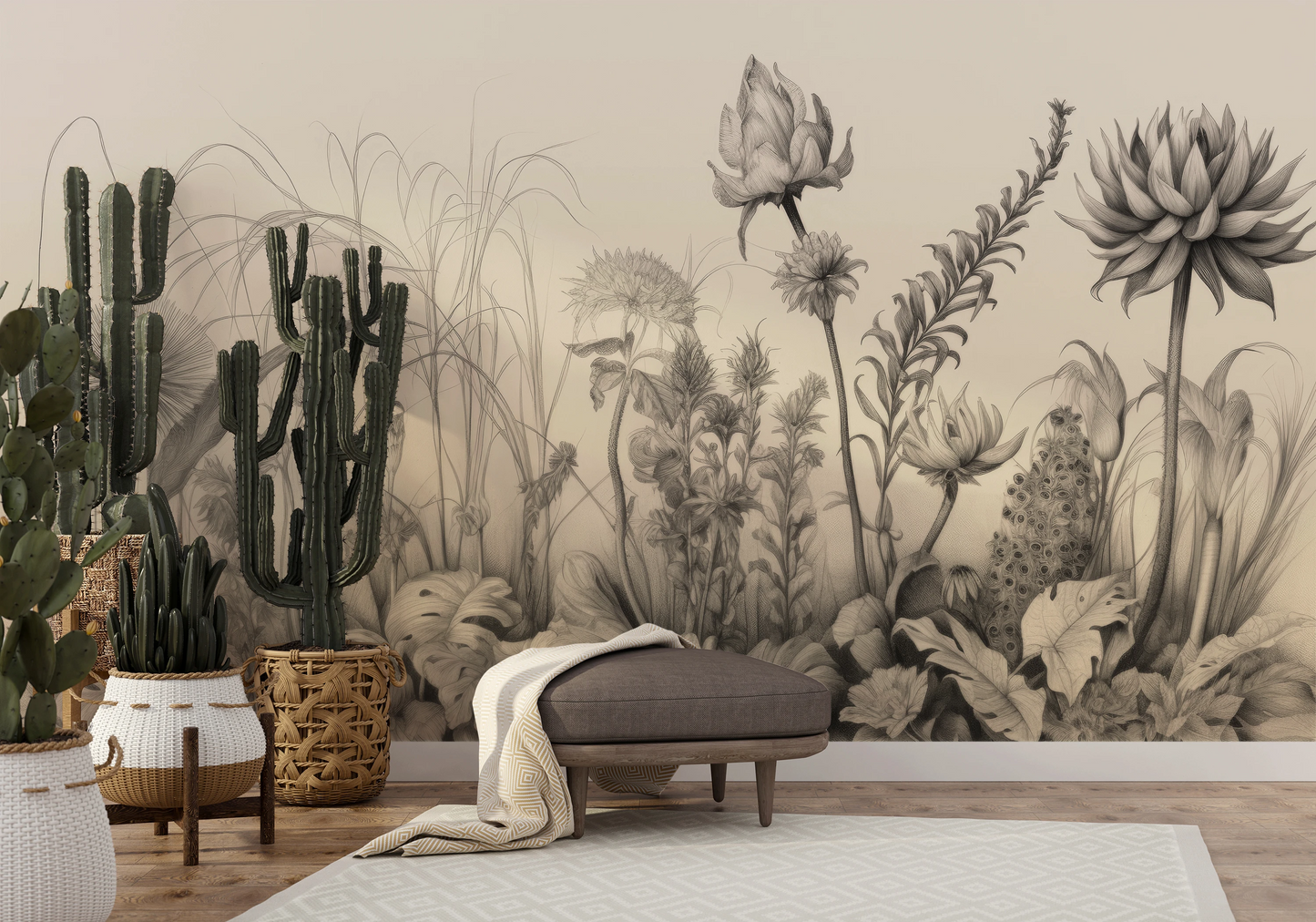 Fototapeta artystyczna o nazwie Flora in Monochrome pokazana w aranżacji wnętrza.