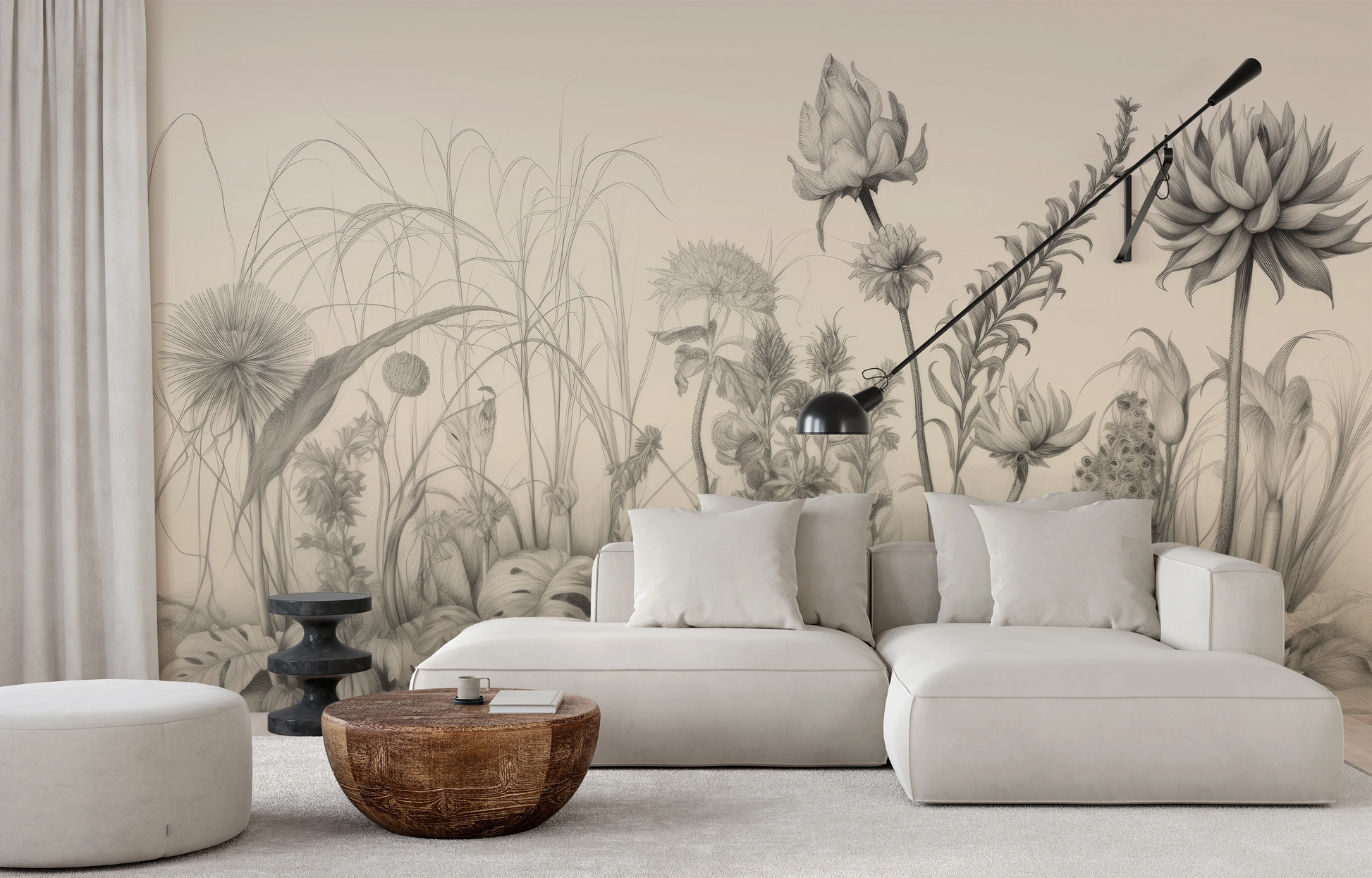 Zdjęcie prezentuje aranżację wnętrza z użyciem fototapety o nazwie Flora in Monochrome pokazanej w aranżacji wnętrza.