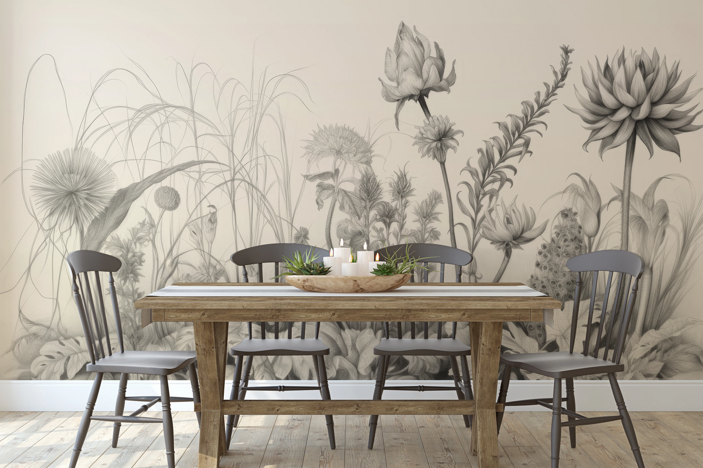 Fototapeta malowana o nazwie Flora in Monochrome pokazana w aranżacji wnętrza.