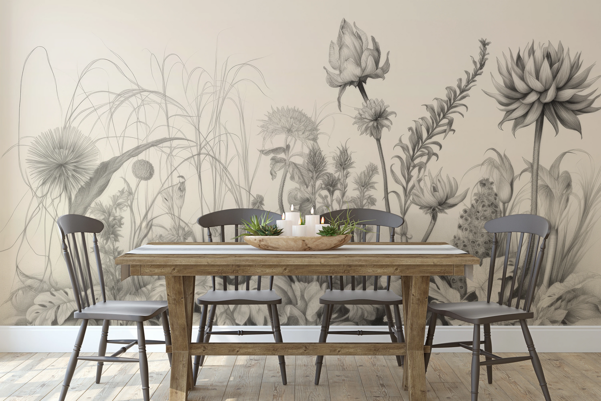 Fototapeta malowana o nazwie Flora in Monochrome pokazana w aranżacji wnętrza.