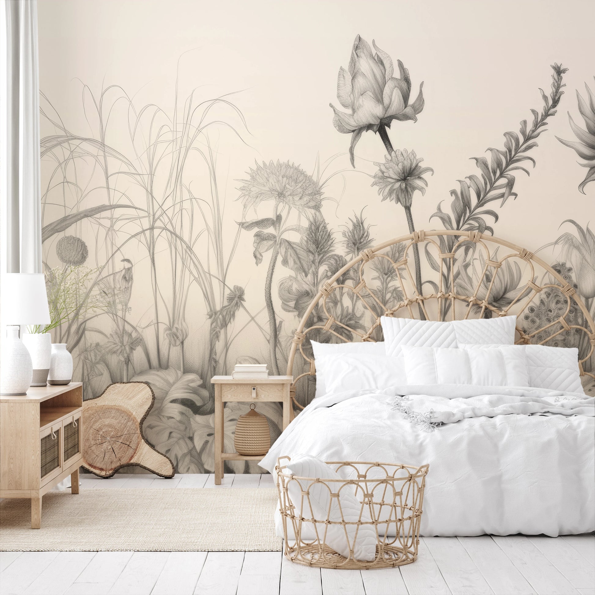 Wzór fototapety malowanej o nazwie Flora in Monochrome pokazanej w aranżacji wnętrza.