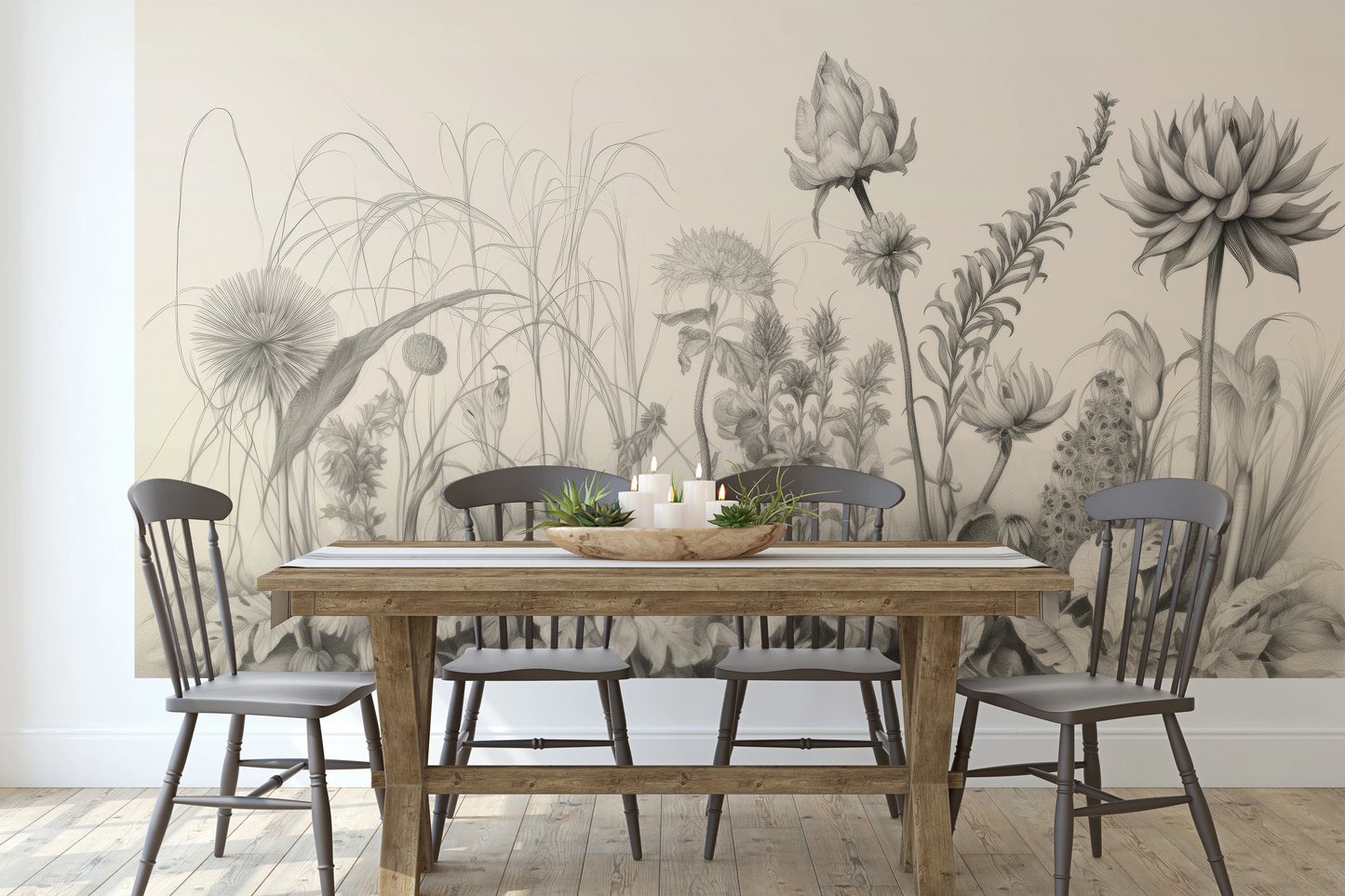 Wzór fototapety o nazwie Flora in Monochrome pokazanej w kontekście pomieszczenia.